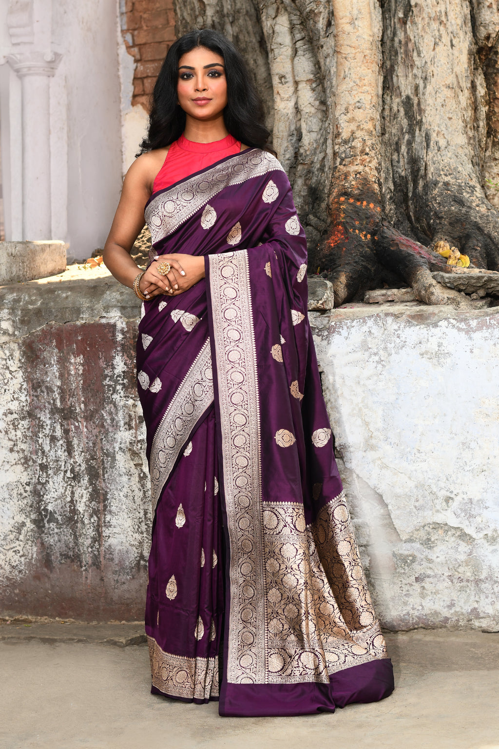 Handwoven Plum Banarasi Katan Silk Saree