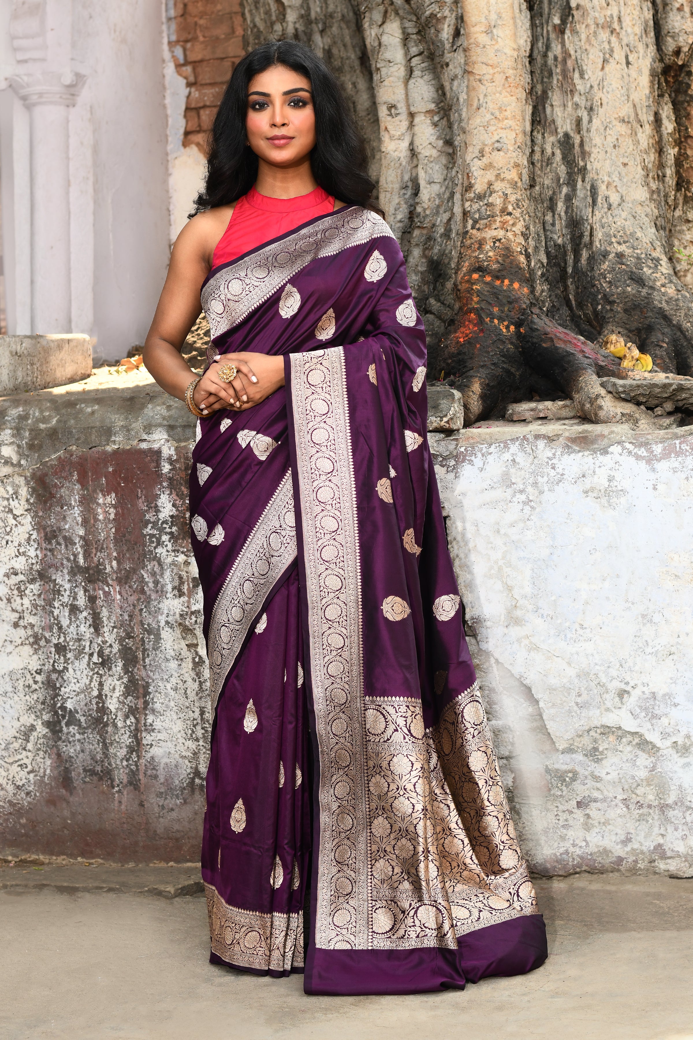 Handwoven Plum Banarasi Katan Silk Saree