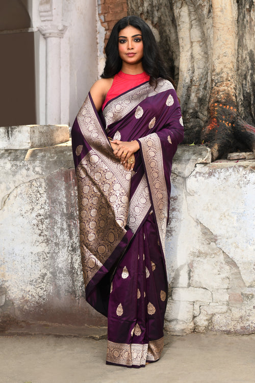 Handwoven Plum Banarasi Katan Silk Saree