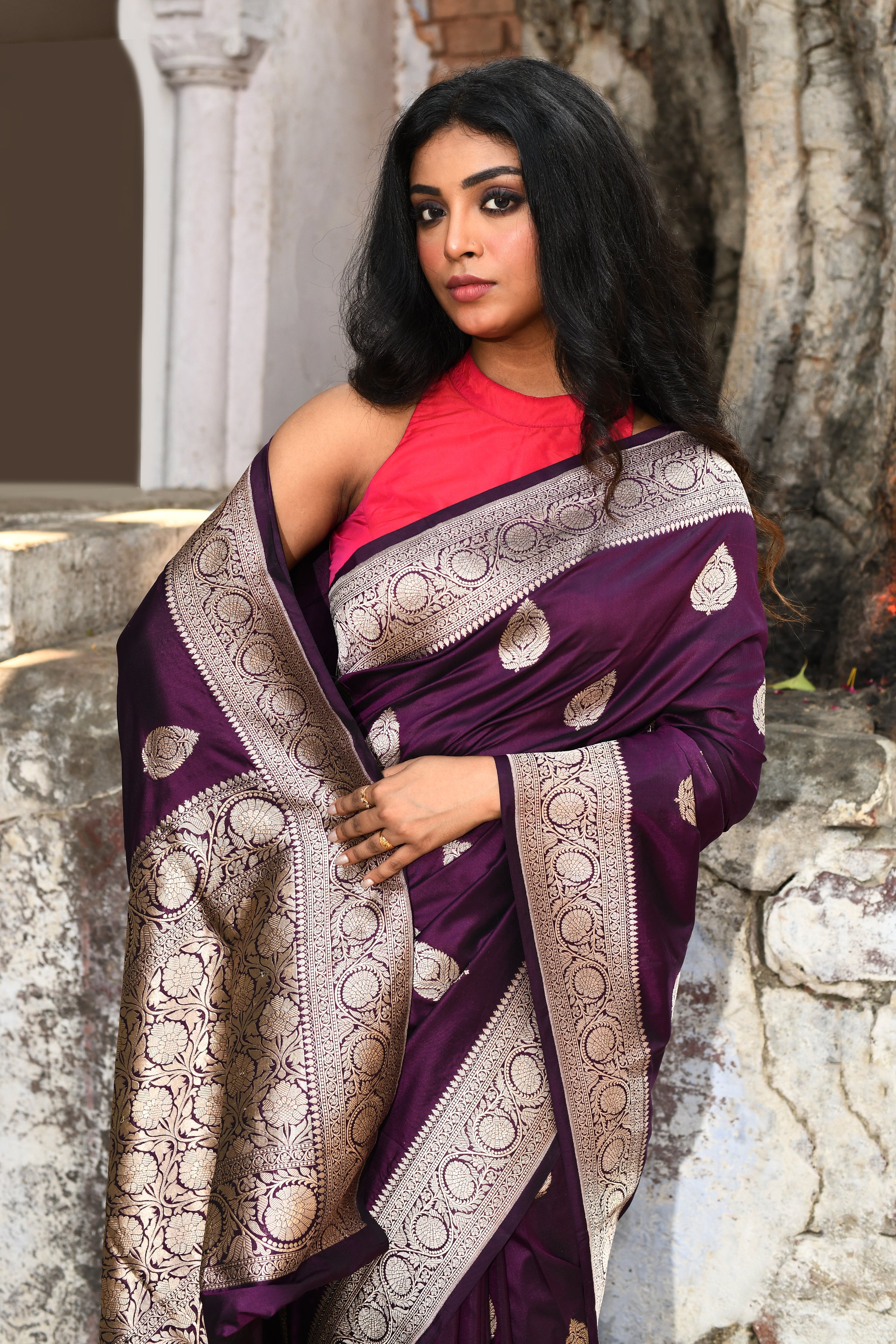 Handwoven Plum Banarasi Katan Silk Saree