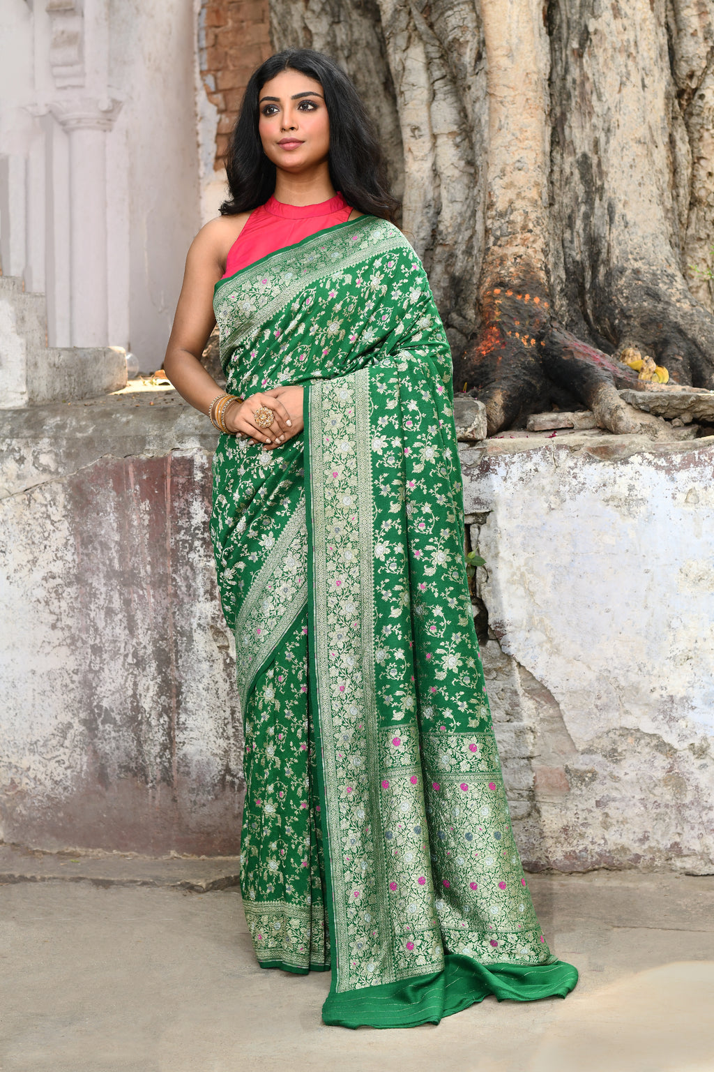 Handwoven Green Banarasi Katan Silk Saree