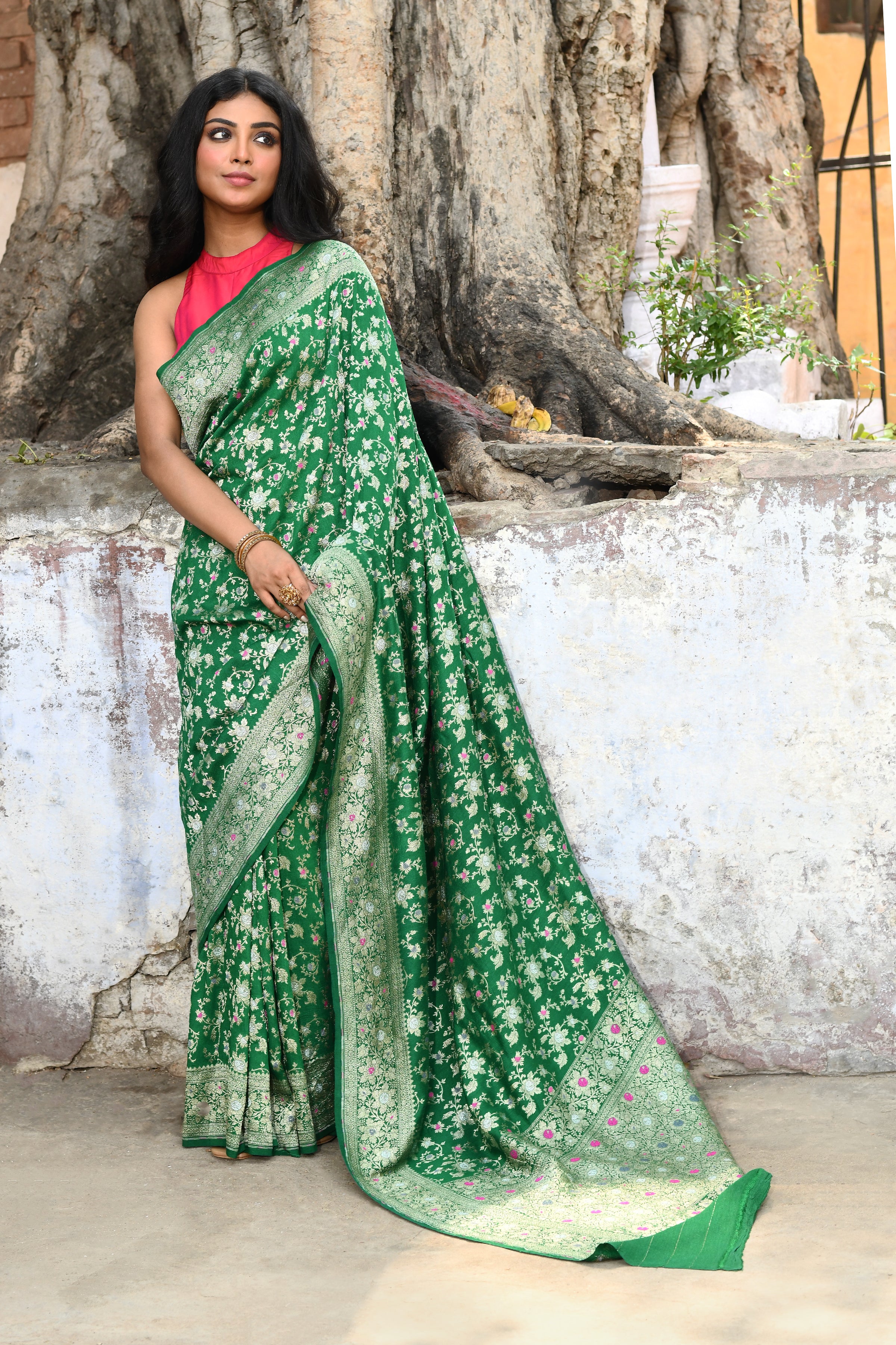 Handwoven Green Banarasi Katan Silk Saree