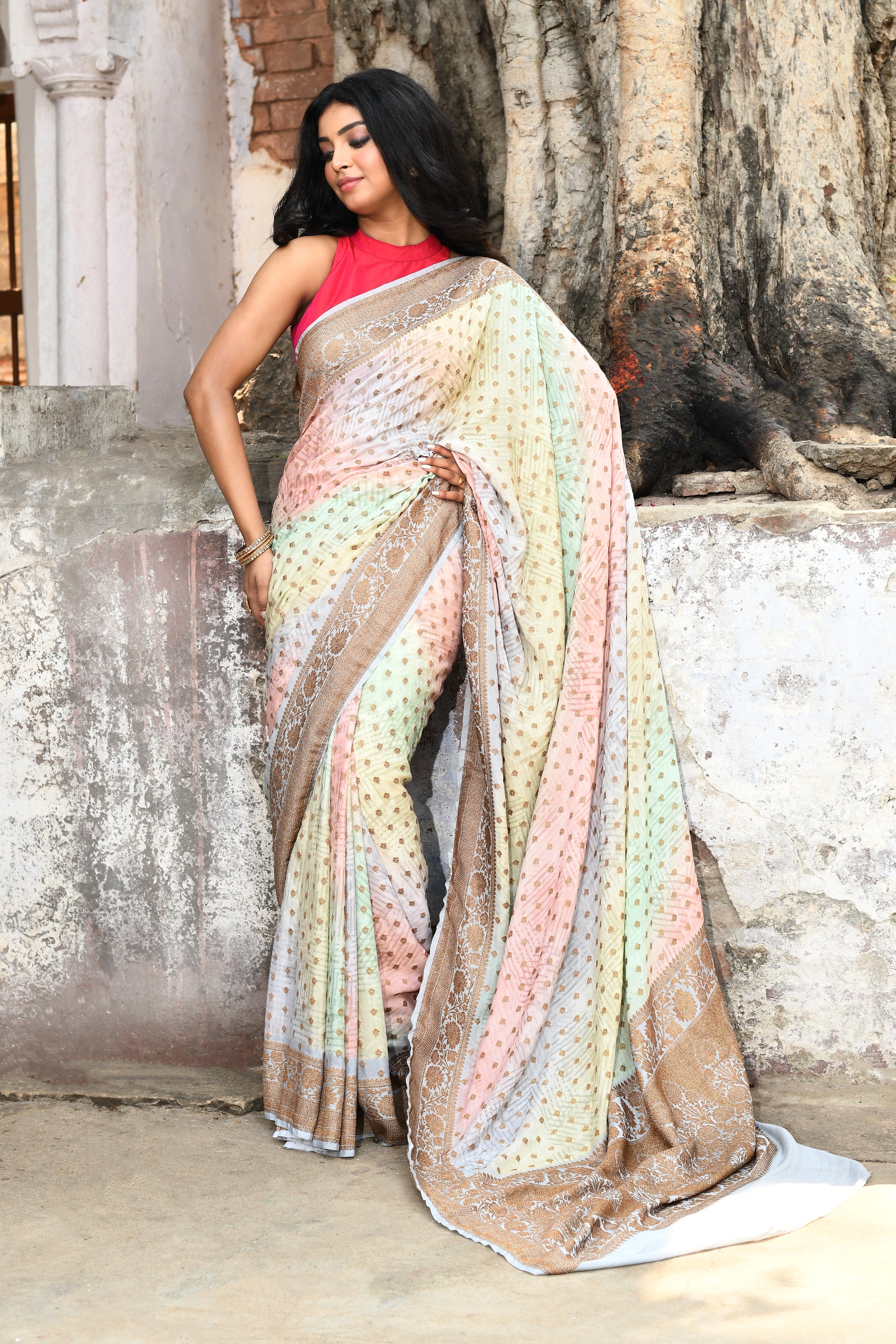 Shaded Pastel Banarasi Chiffon Crape Silk Saree
