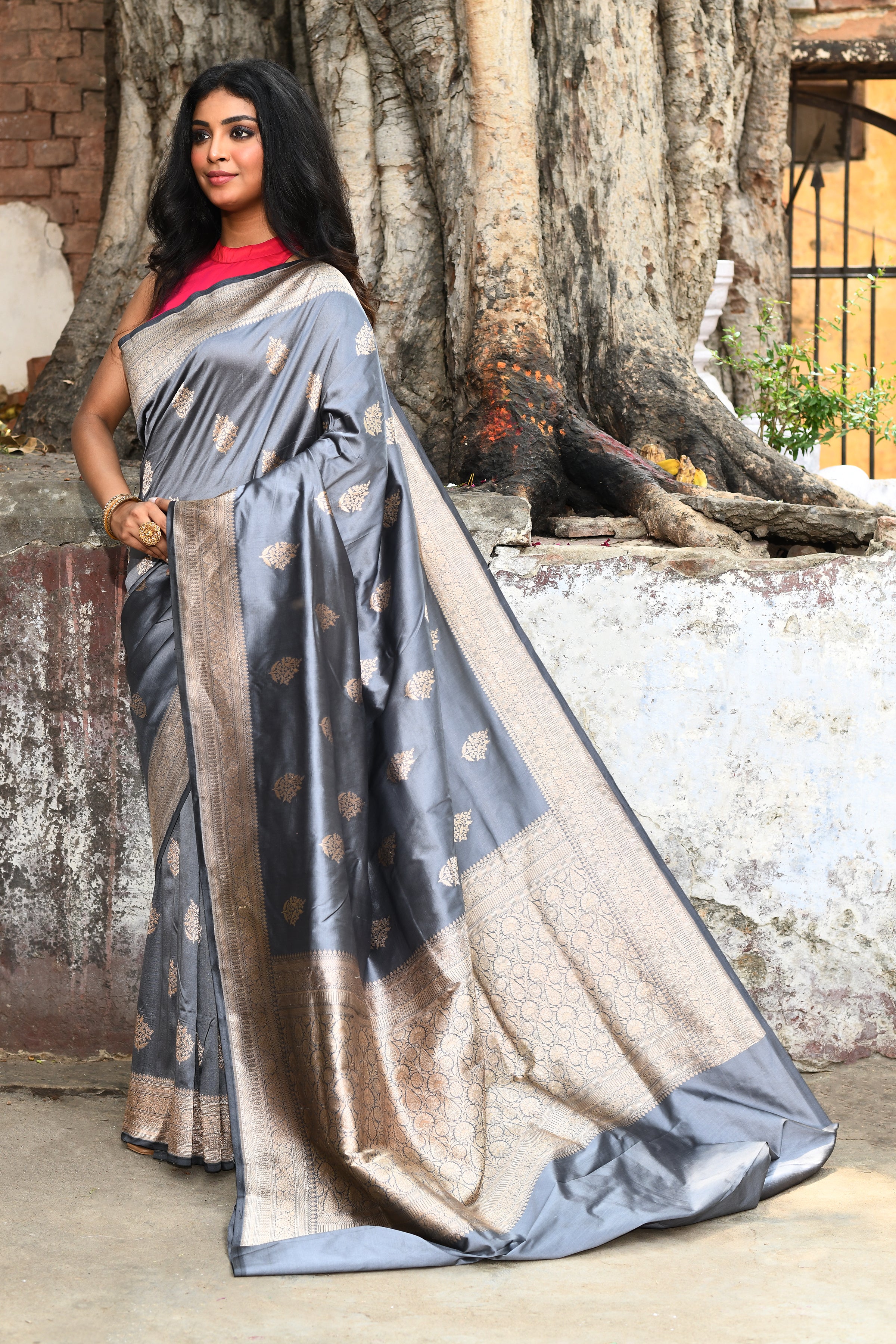 Silver Grey Banarasi Katan Silk Saree