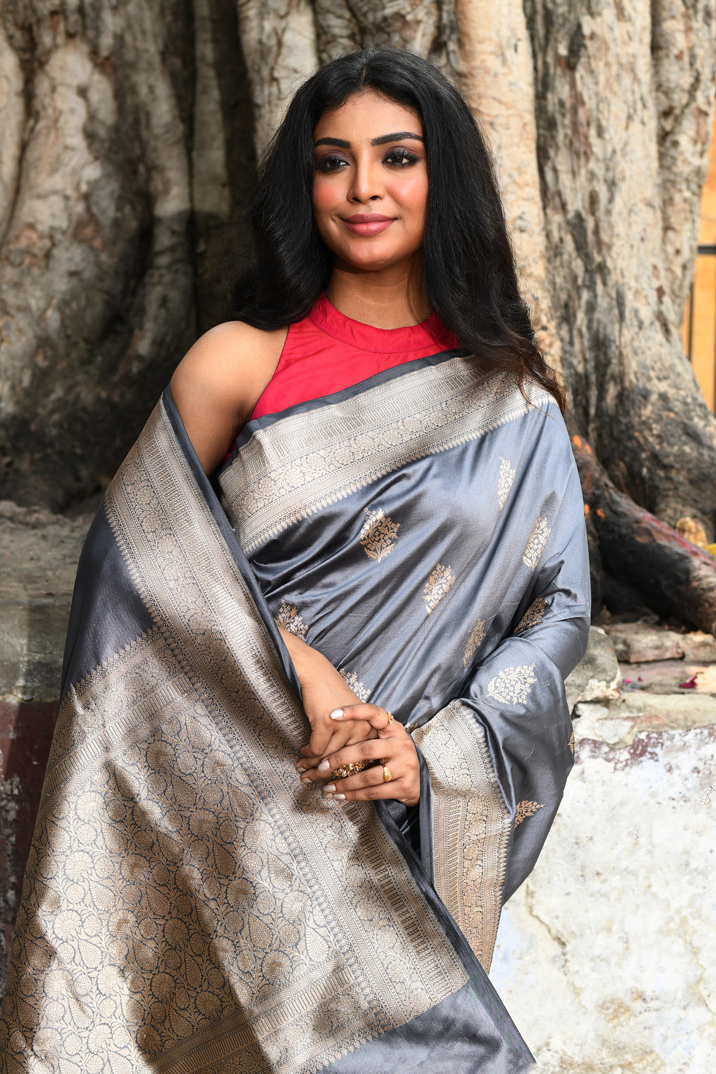 Silver Grey Banarasi Katan Silk Saree