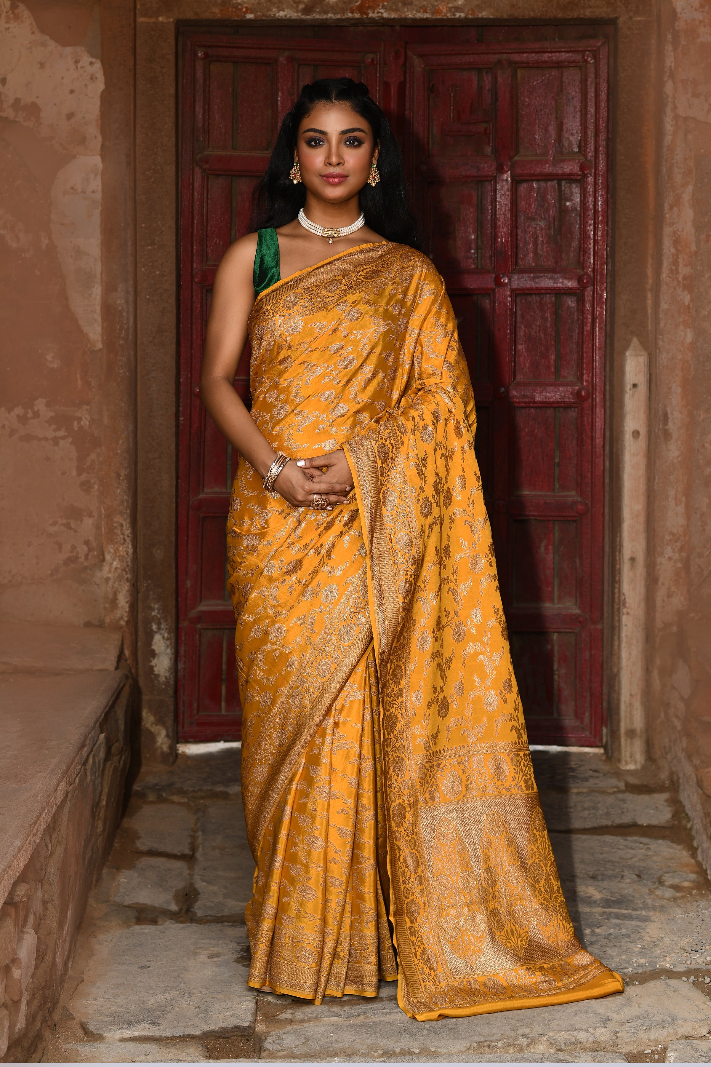 Gold Yellow Banarasi Soft Silk Saree