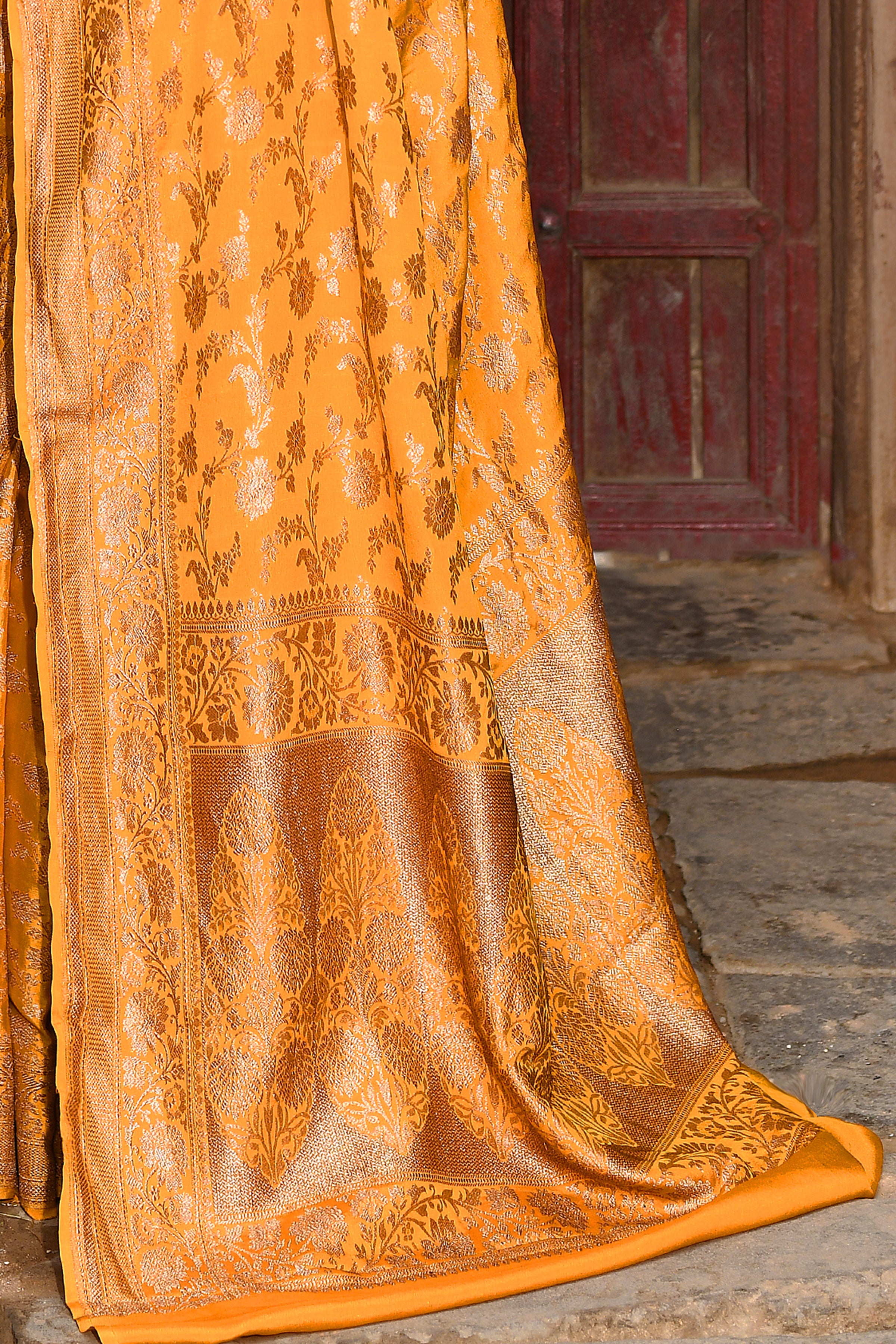 Gold Yellow Banarasi Soft Silk Saree