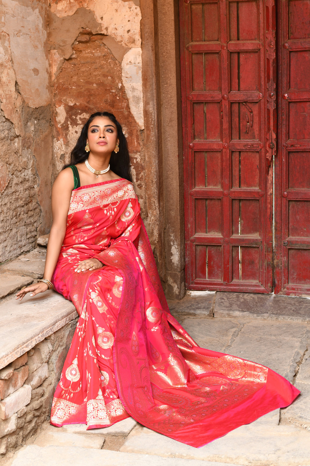 Handwoven Red Banarasi Soft Silk Saree