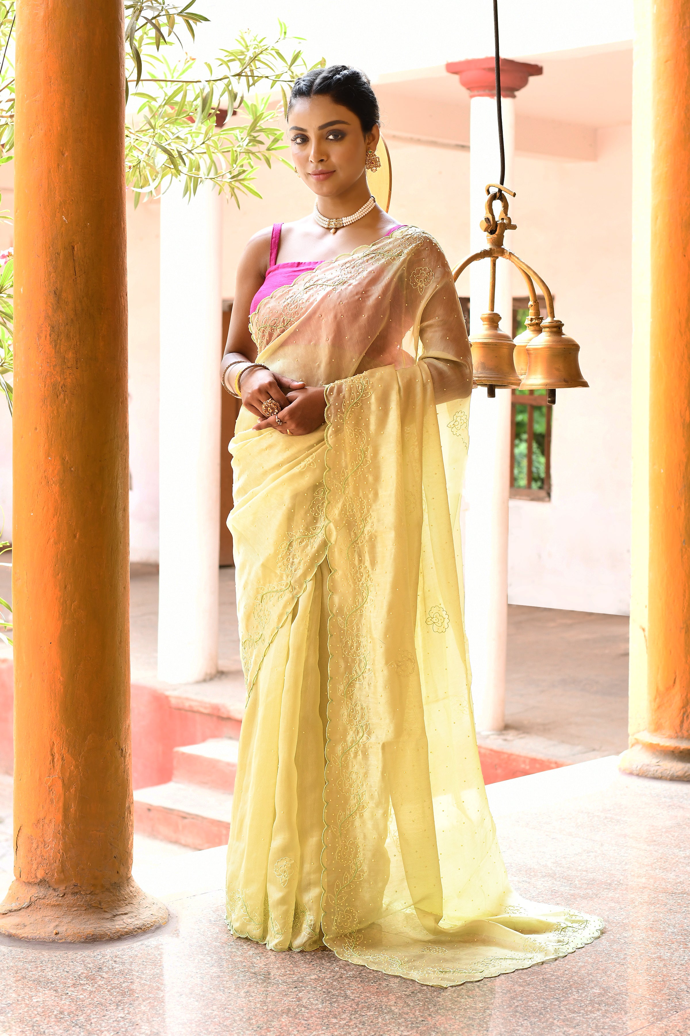 Elegant Lightweight Lemon Green Tissue Saree