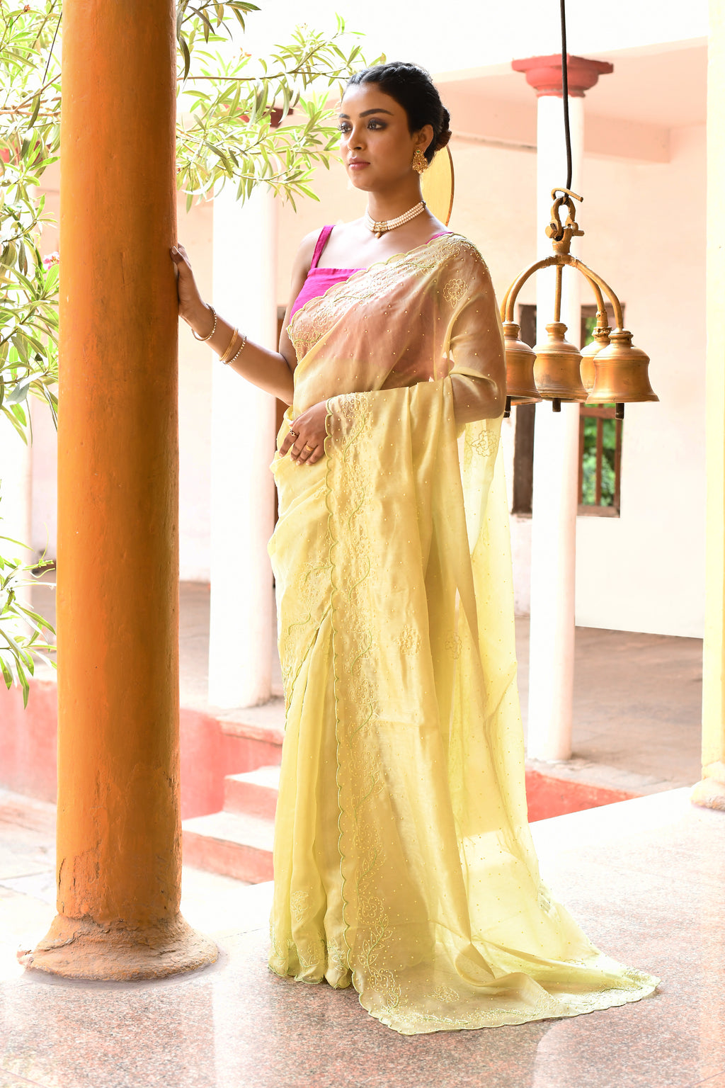 Elegant Lightweight Lemon Green Tissue Saree