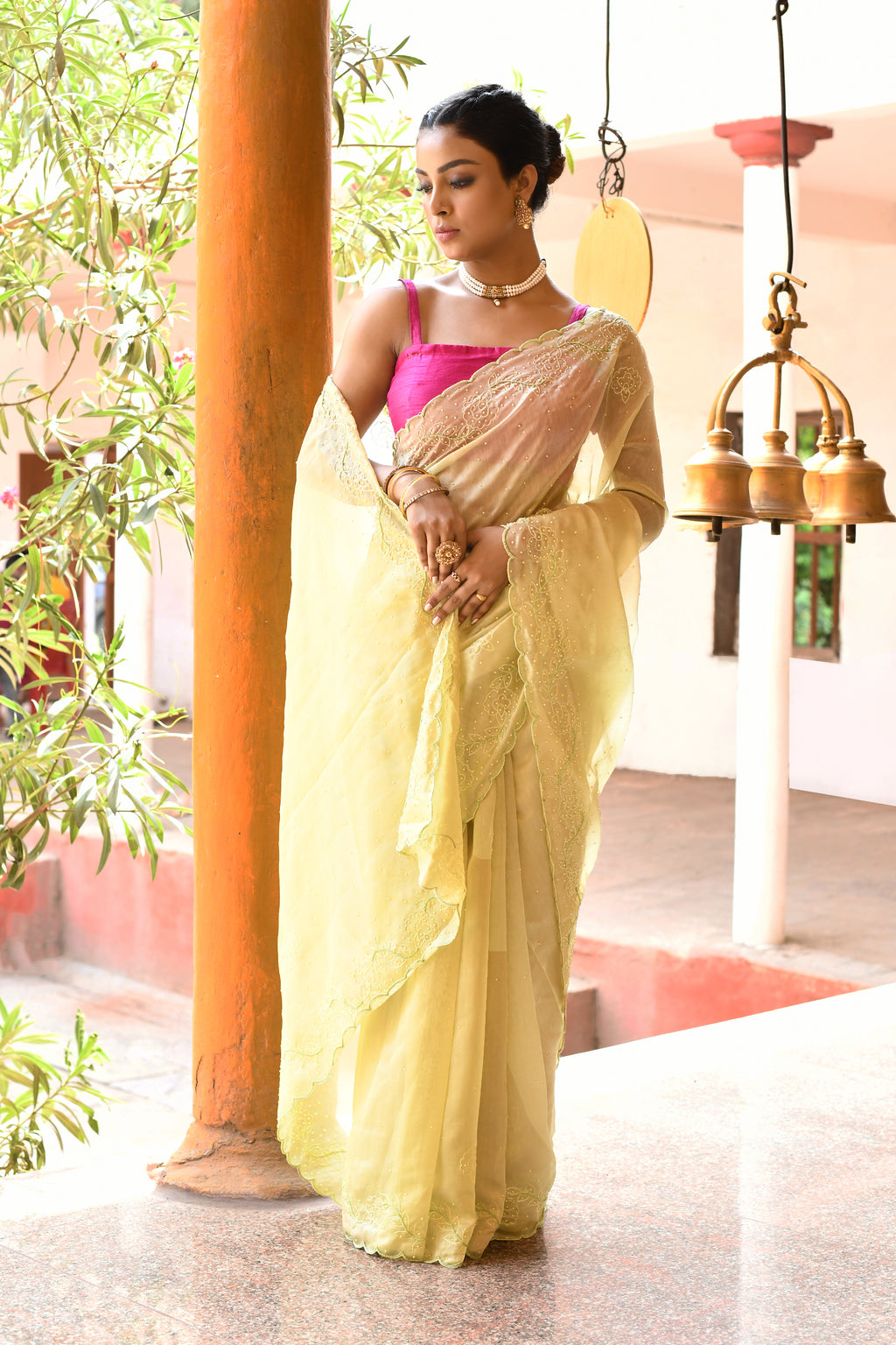 Elegant Lightweight Lemon Green Tissue Saree