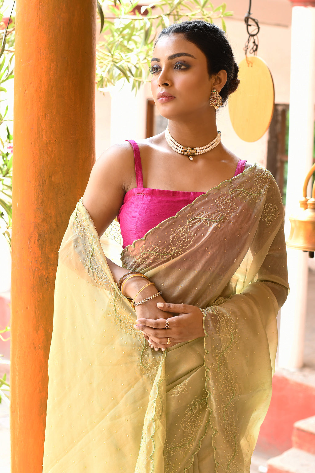 Elegant Lightweight Lemon Green Tissue Saree