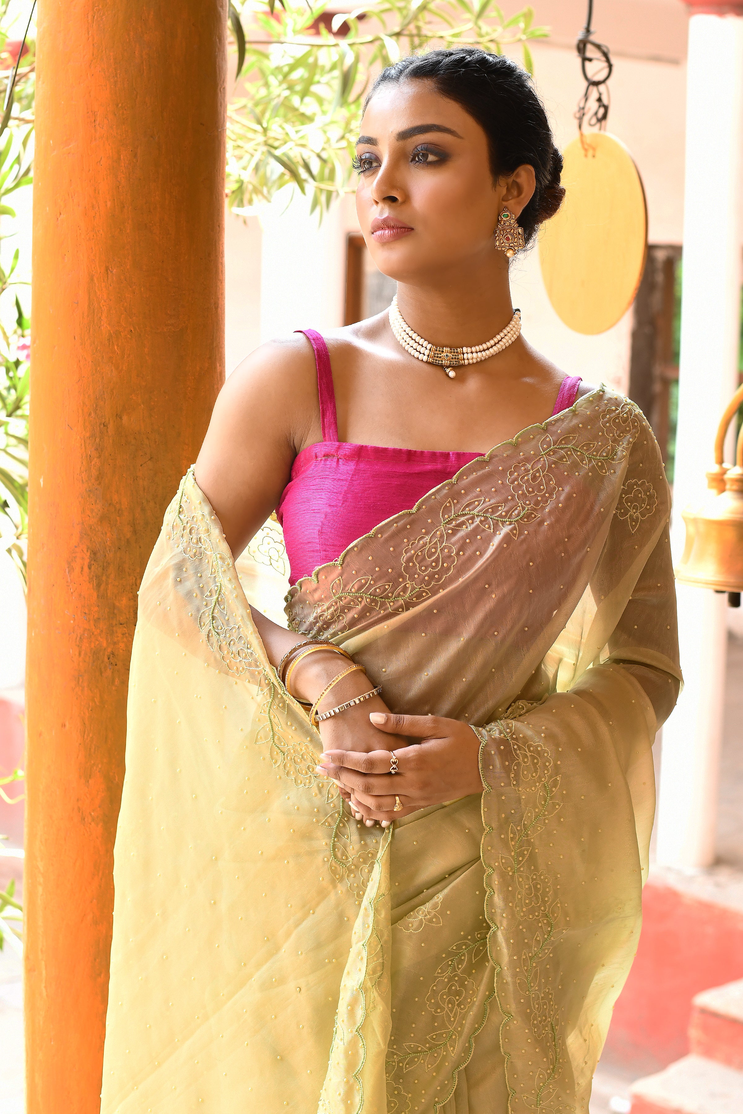 Elegant Lightweight Lemon Green Tissue Saree