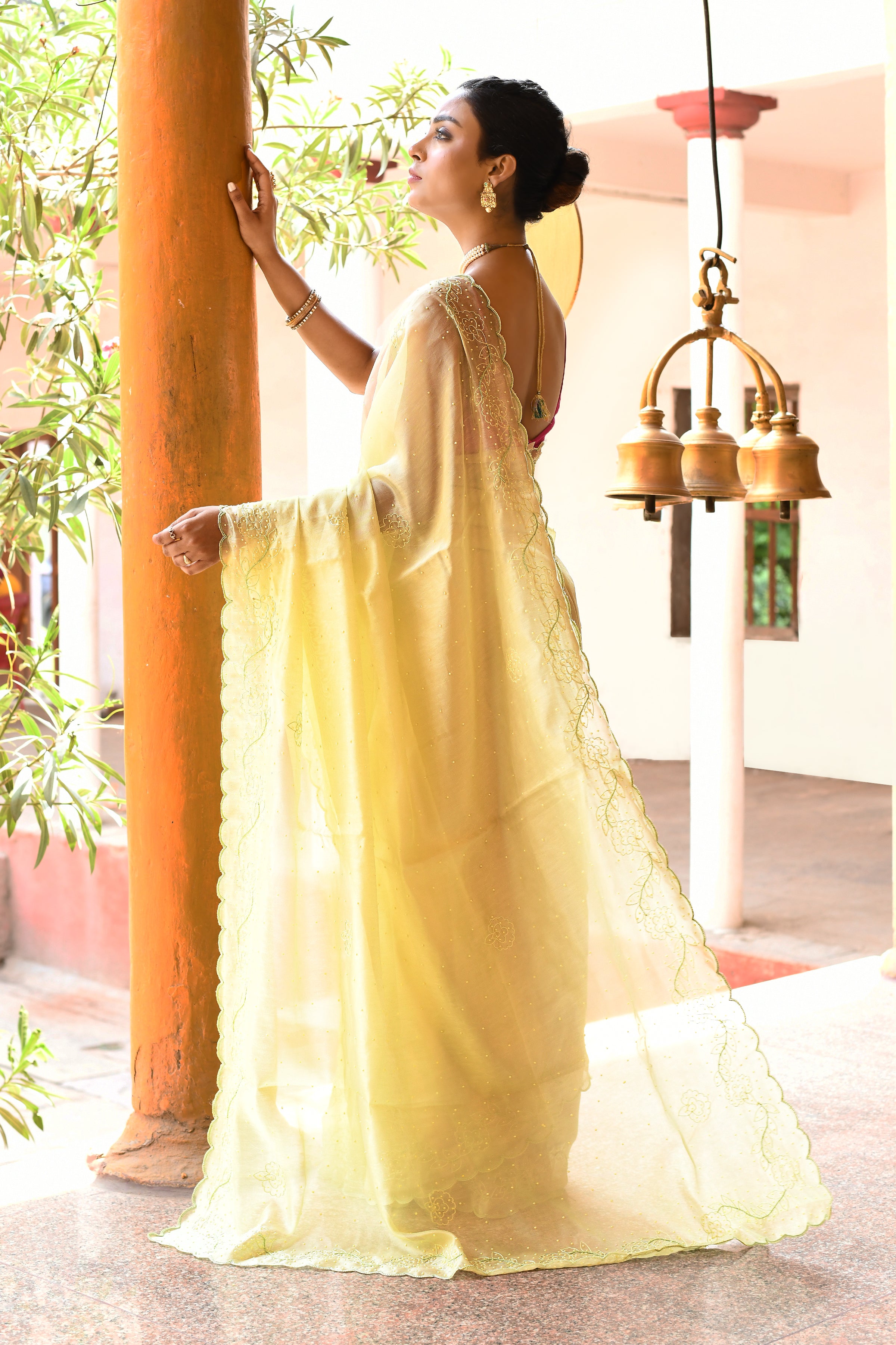Elegant Lightweight Lemon Green Tissue Saree
