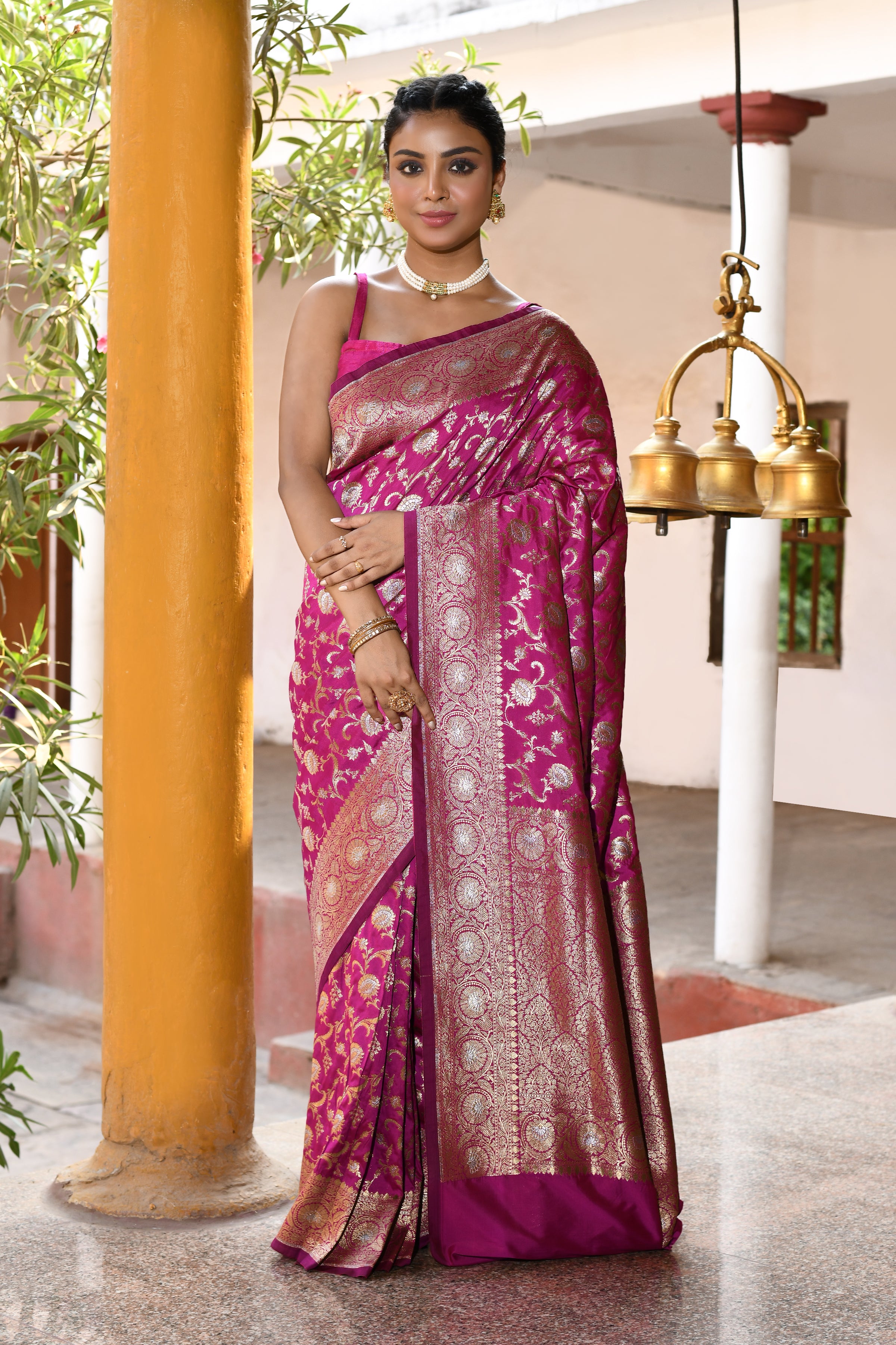 Hot Pink Banarasi Soft Silk Saree