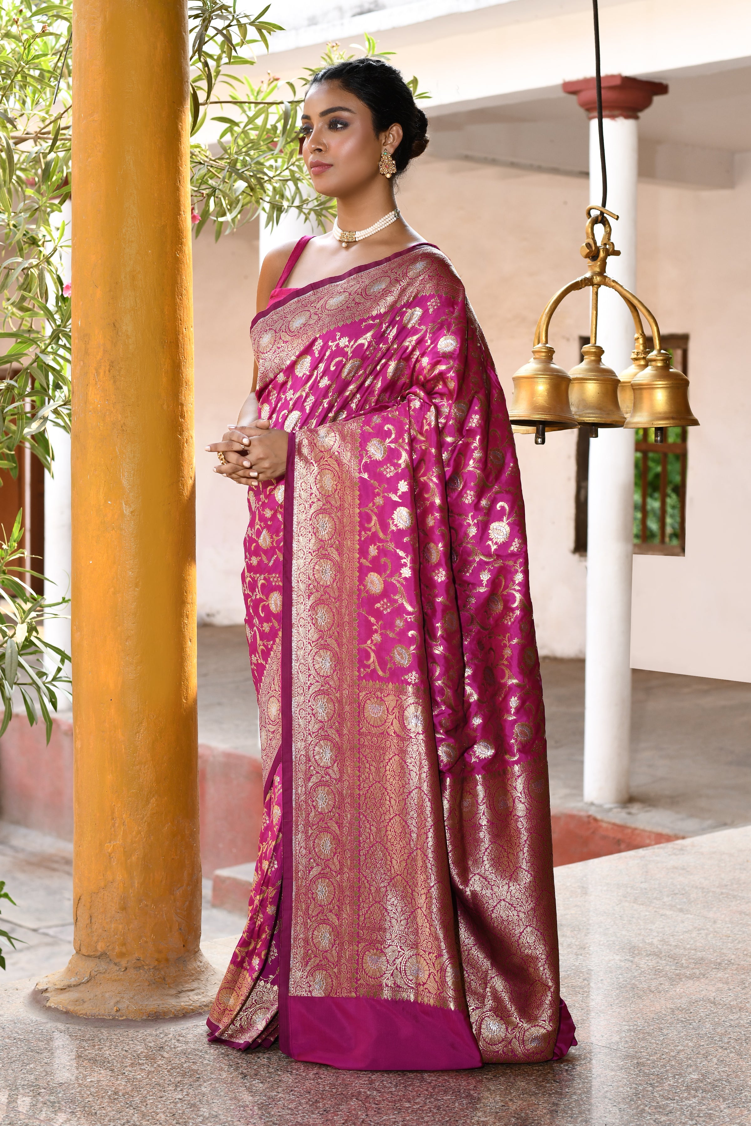 Hot Pink Banarasi Soft Silk Saree
