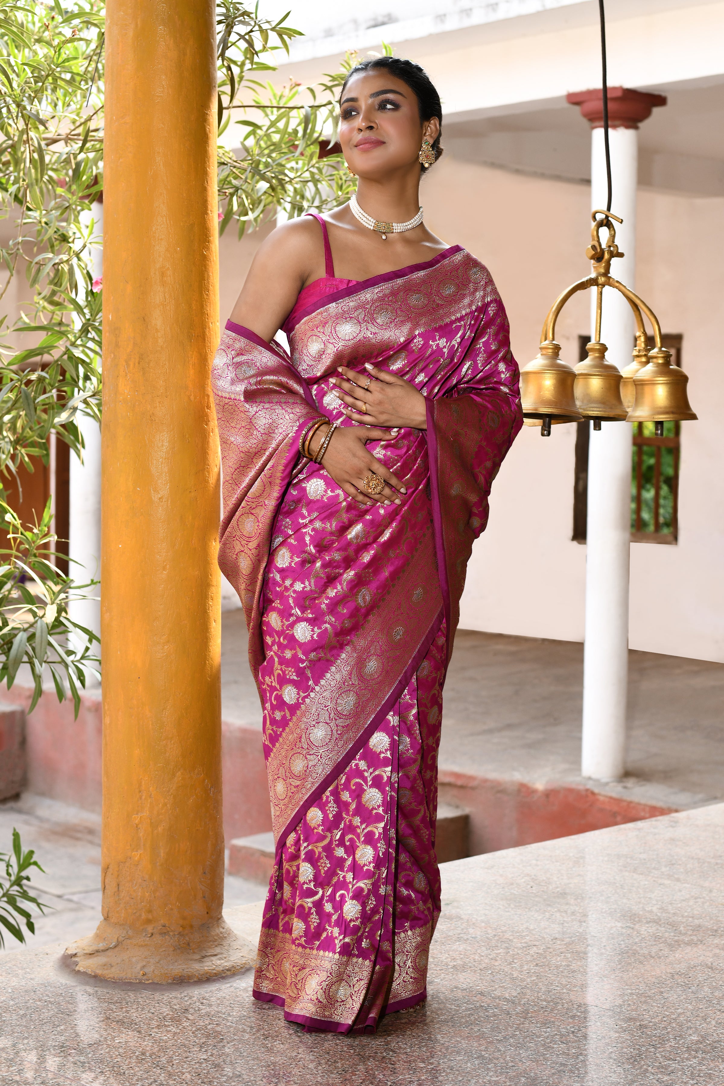 Hot Pink Banarasi Soft Silk Saree