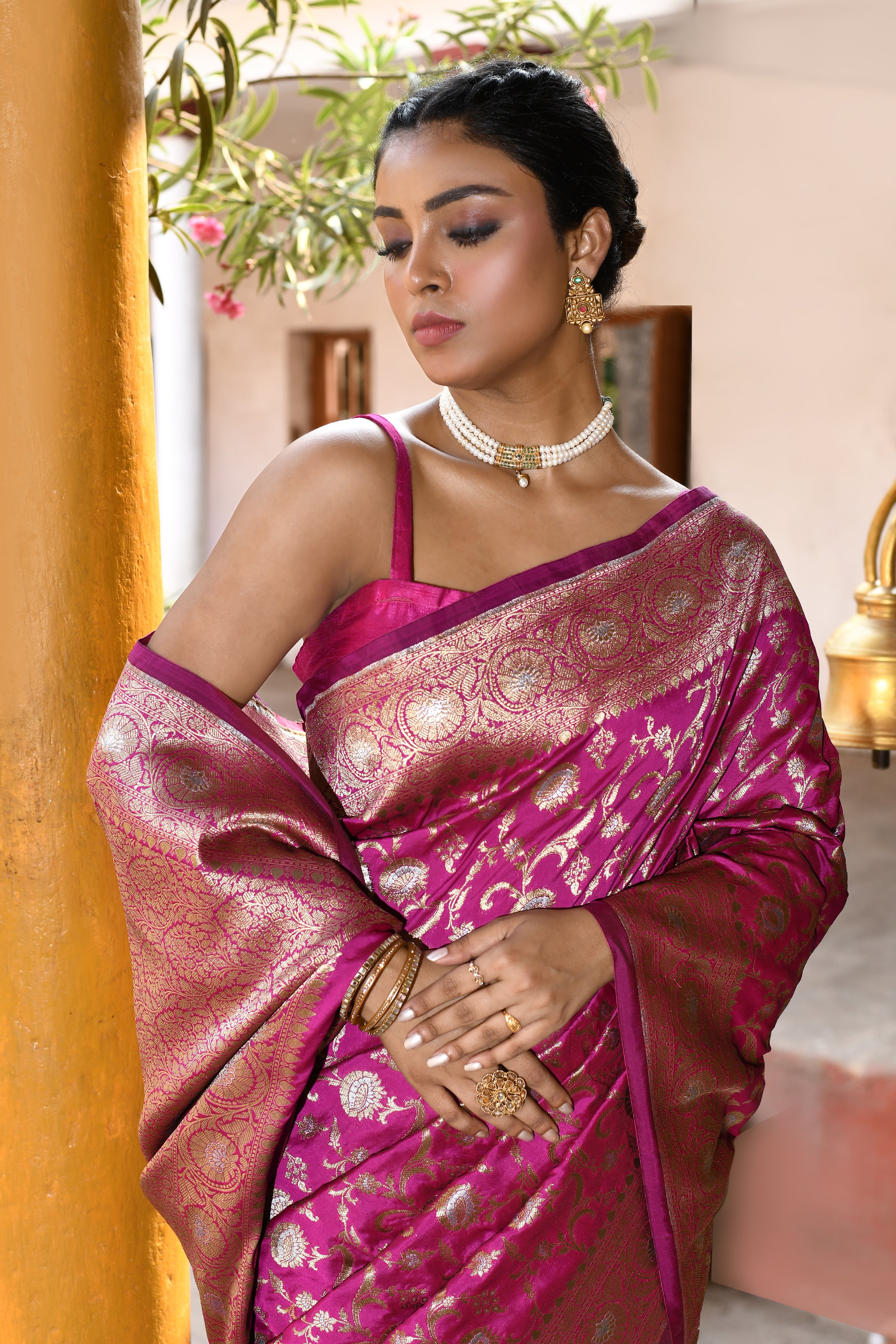Hot Pink Banarasi Soft Silk Saree