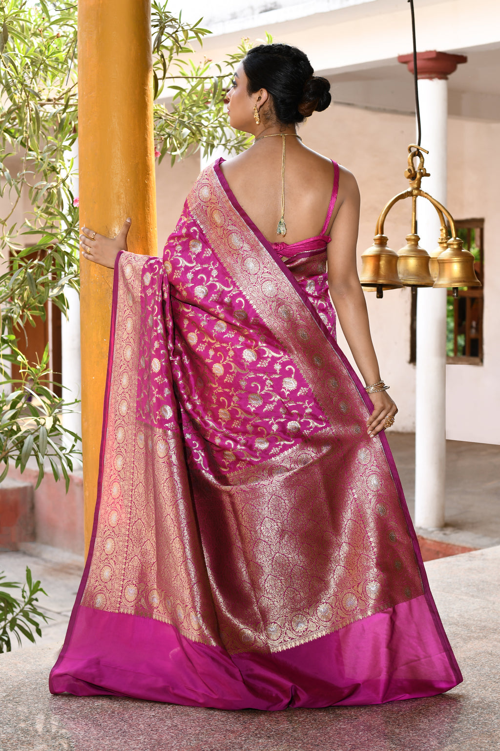 Hot Pink Banarasi Soft Silk Saree