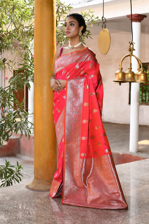 Handwoven Hot Pink Pure Banarasi Silk Saree