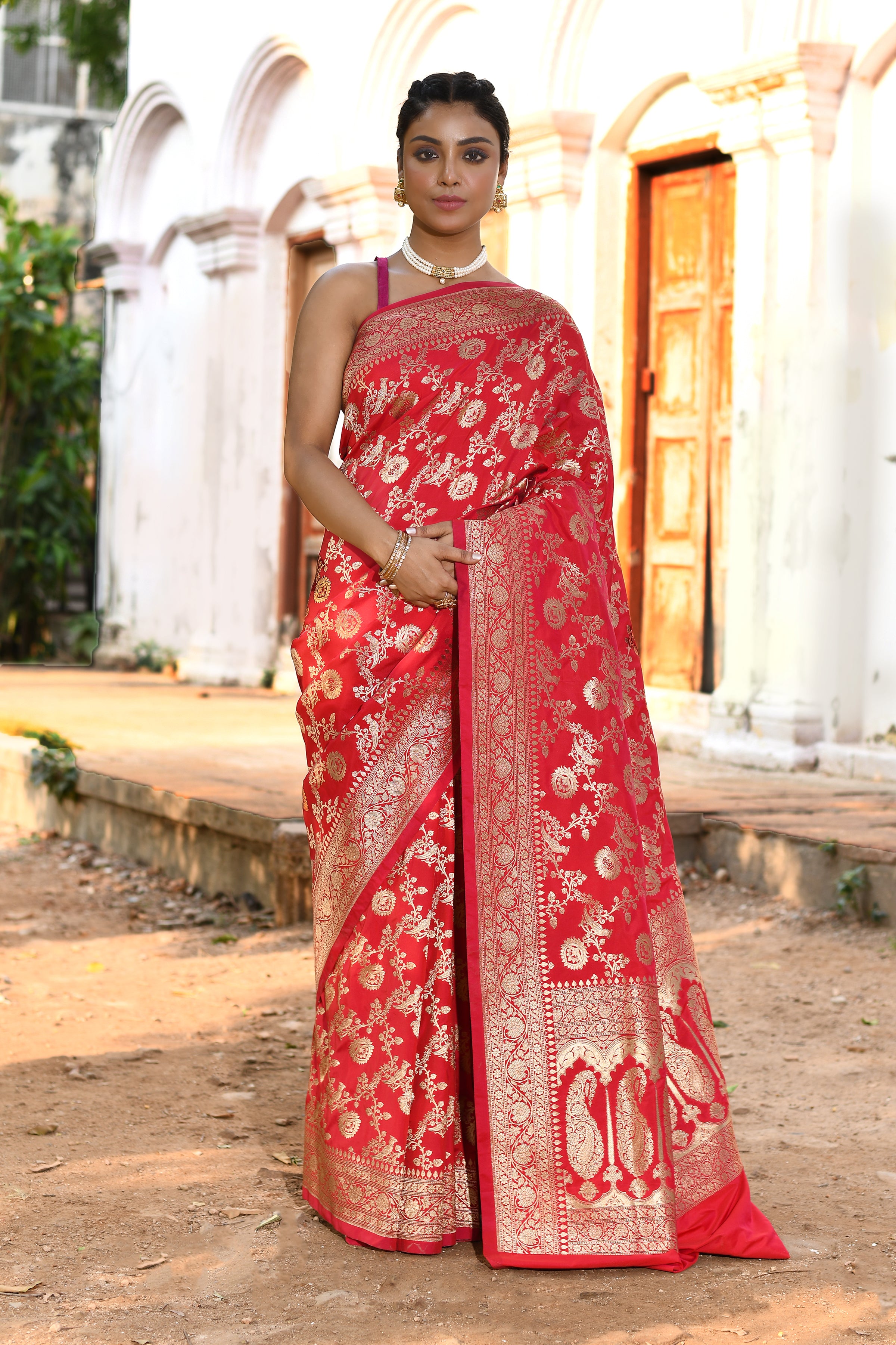 Handwoven Red Banarasi Soft Silk Saree