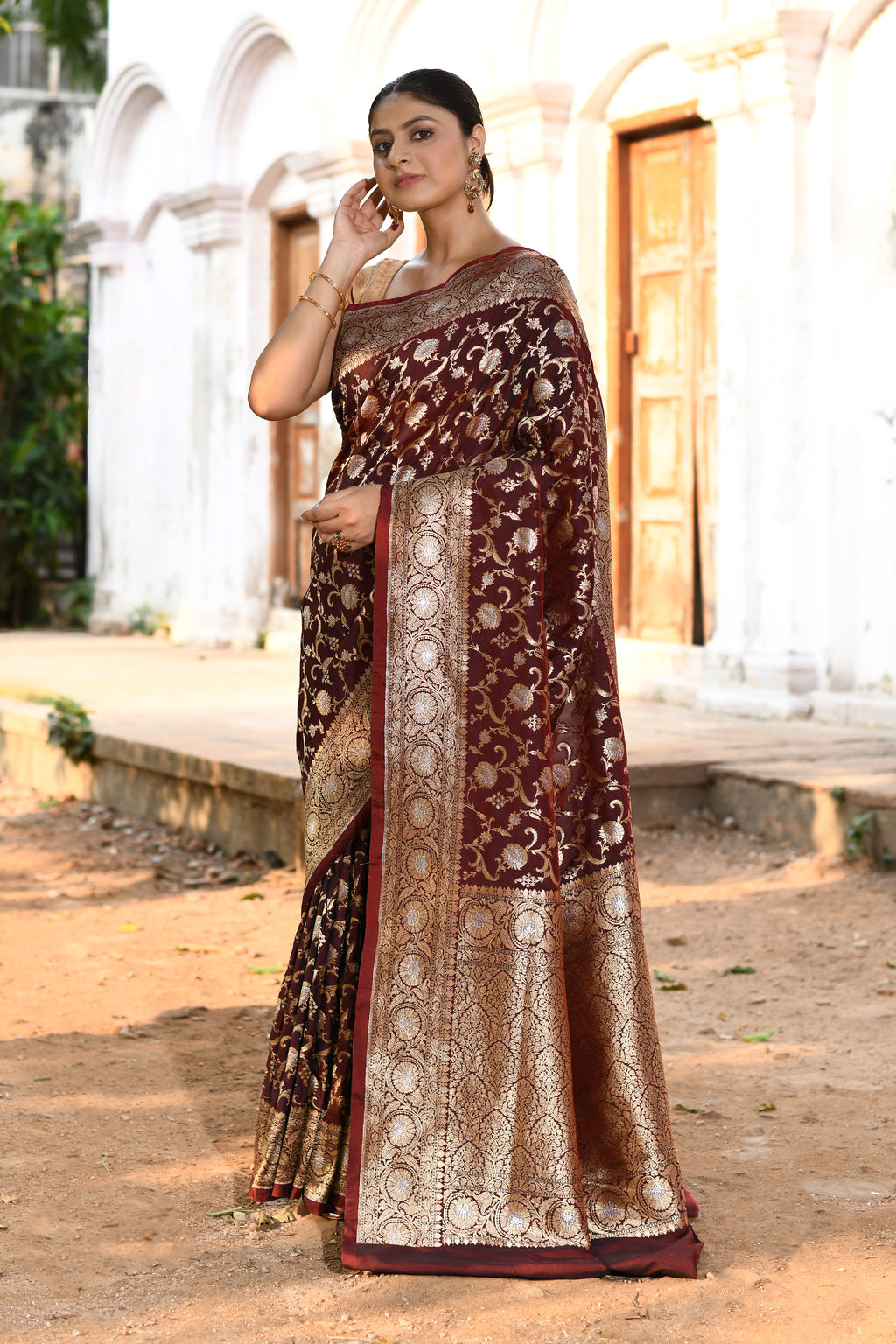 Handwoven Coffee Banarasi Soft Silk Saree
