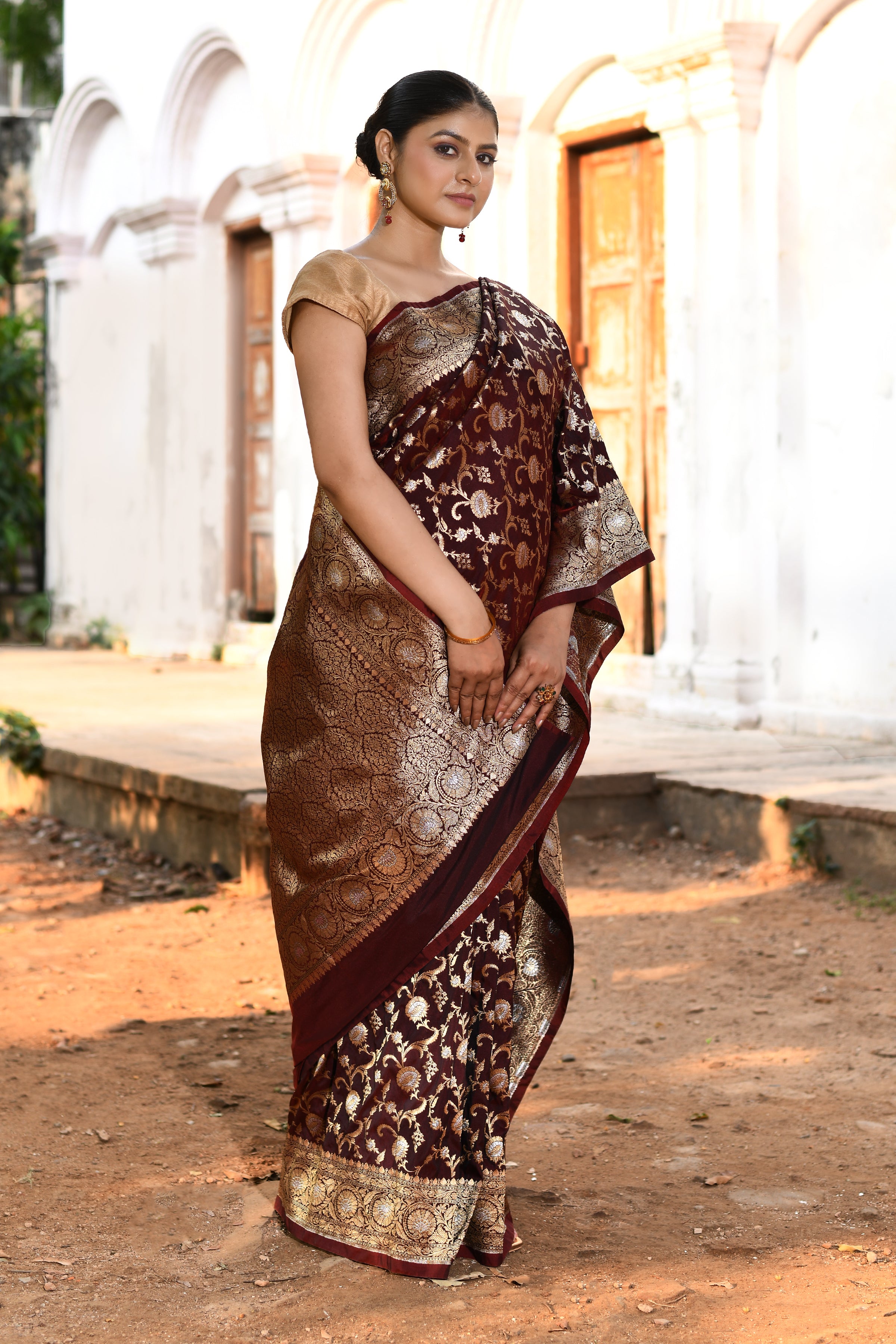 Handwoven Coffee Banarasi Soft Silk Saree