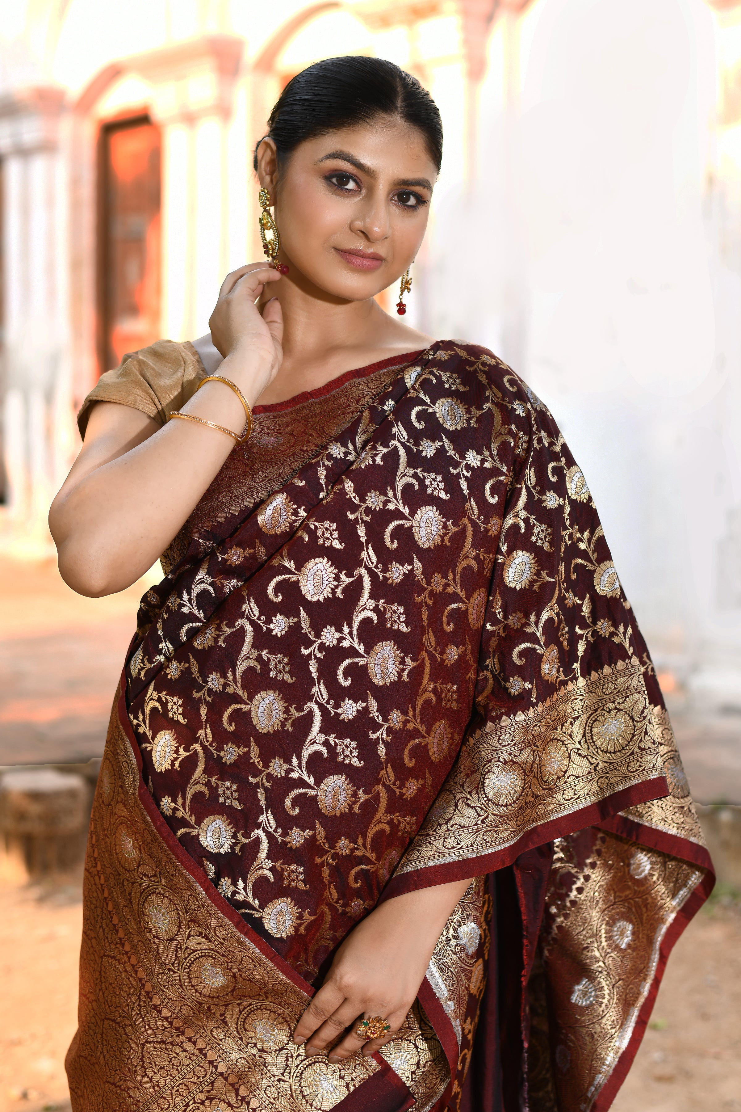 Handwoven Coffee Banarasi Soft Silk Saree
