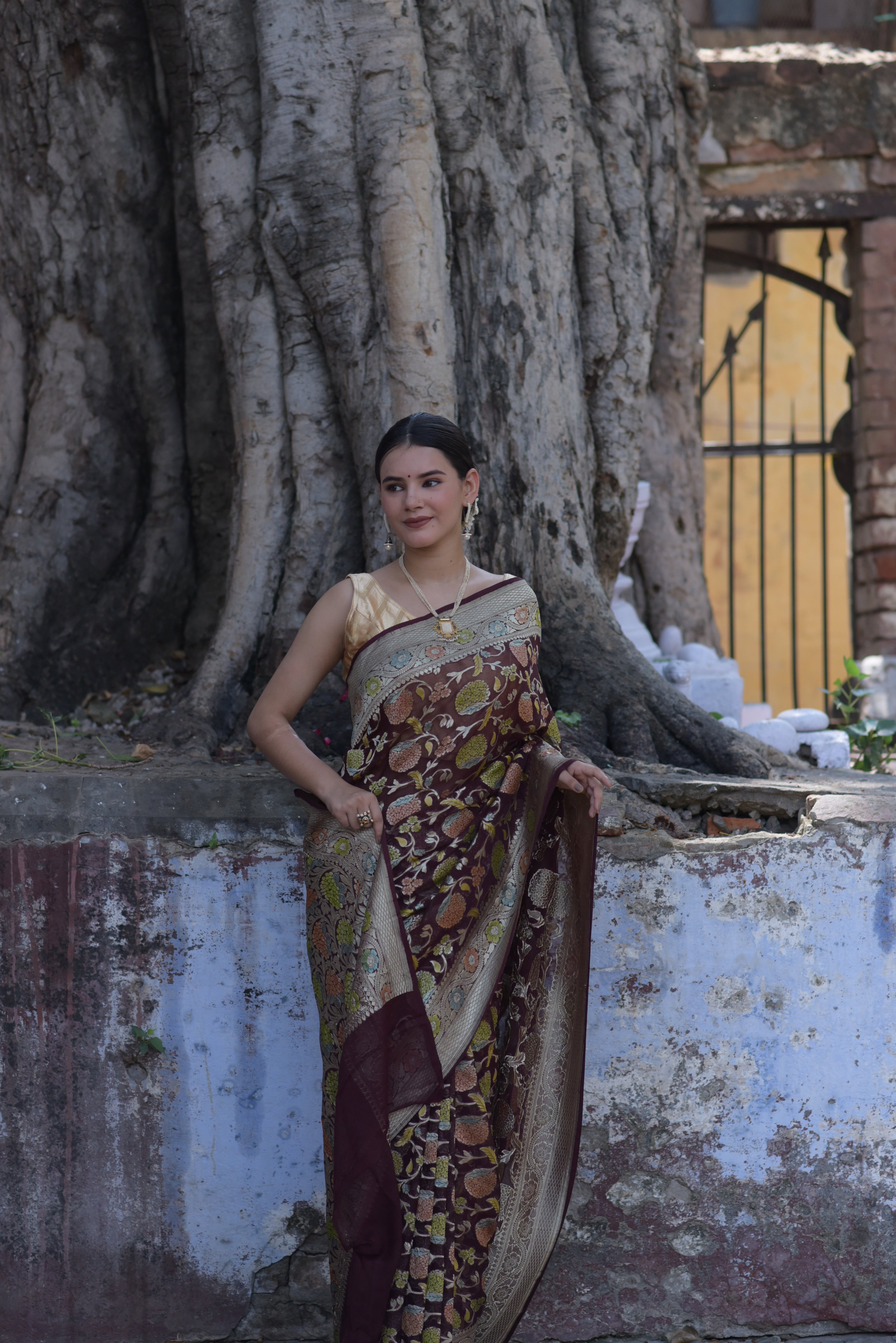 Brown Khaddi Chiffon Handwoven Banaras Saree
