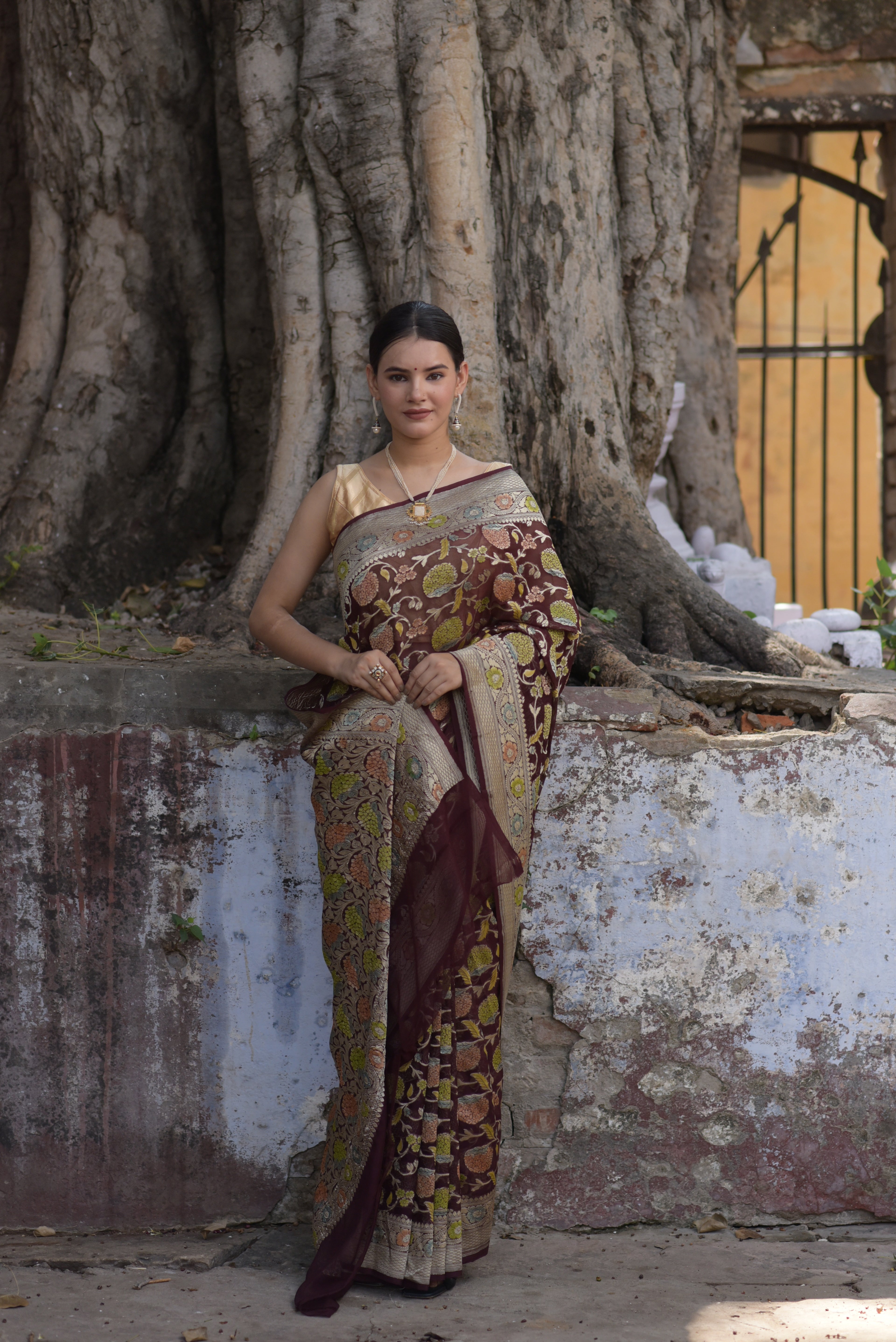 Brown Khaddi Chiffon Handwoven Banaras Saree