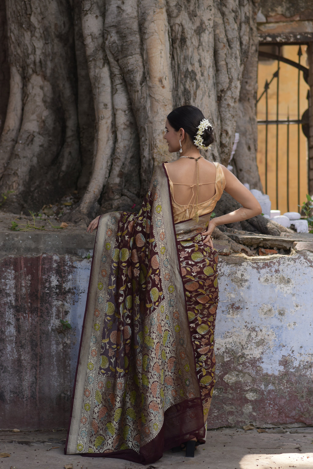 Brown Khaddi Chiffon Handwoven Banaras Saree