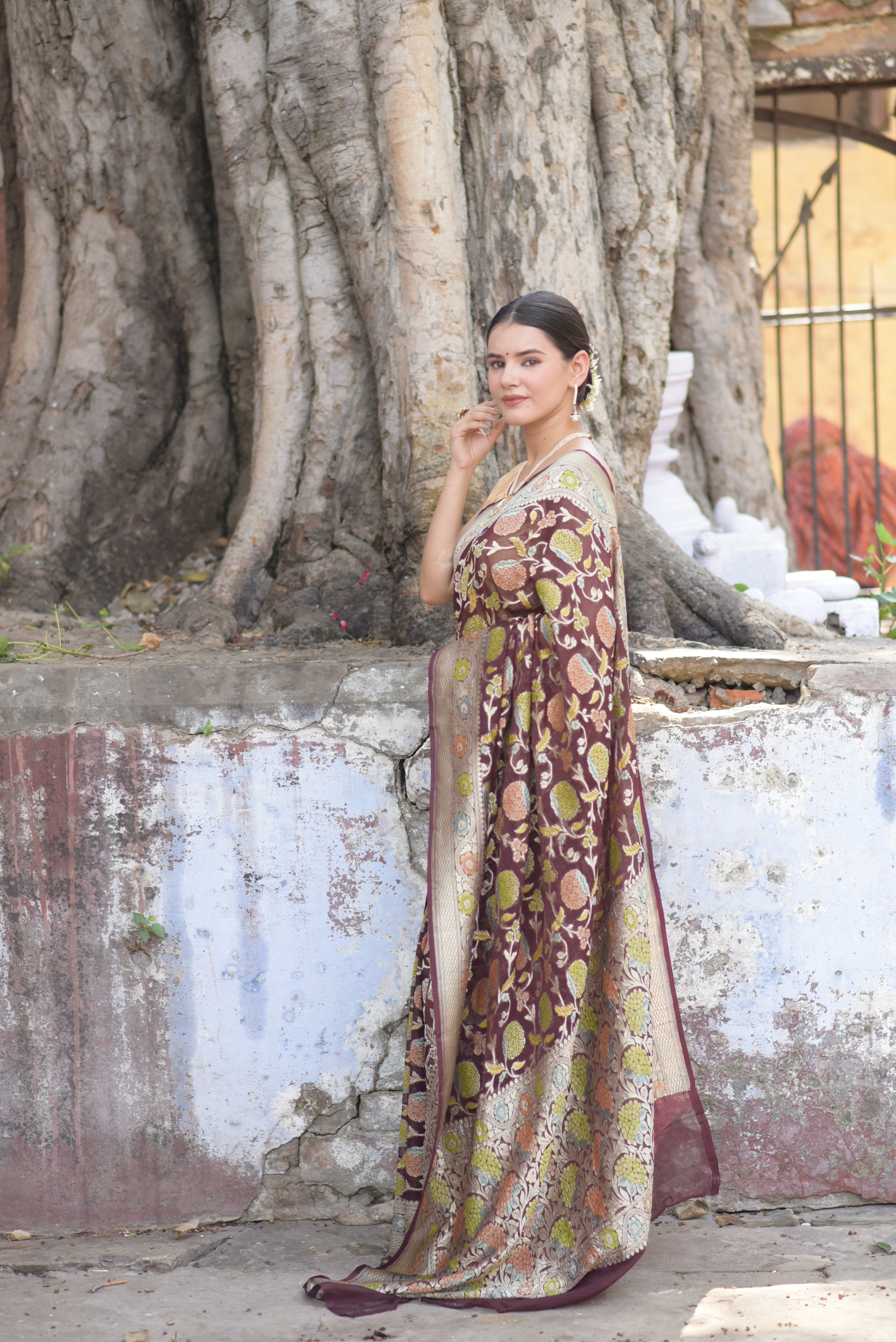 Brown Khaddi Chiffon Handwoven Banaras Saree