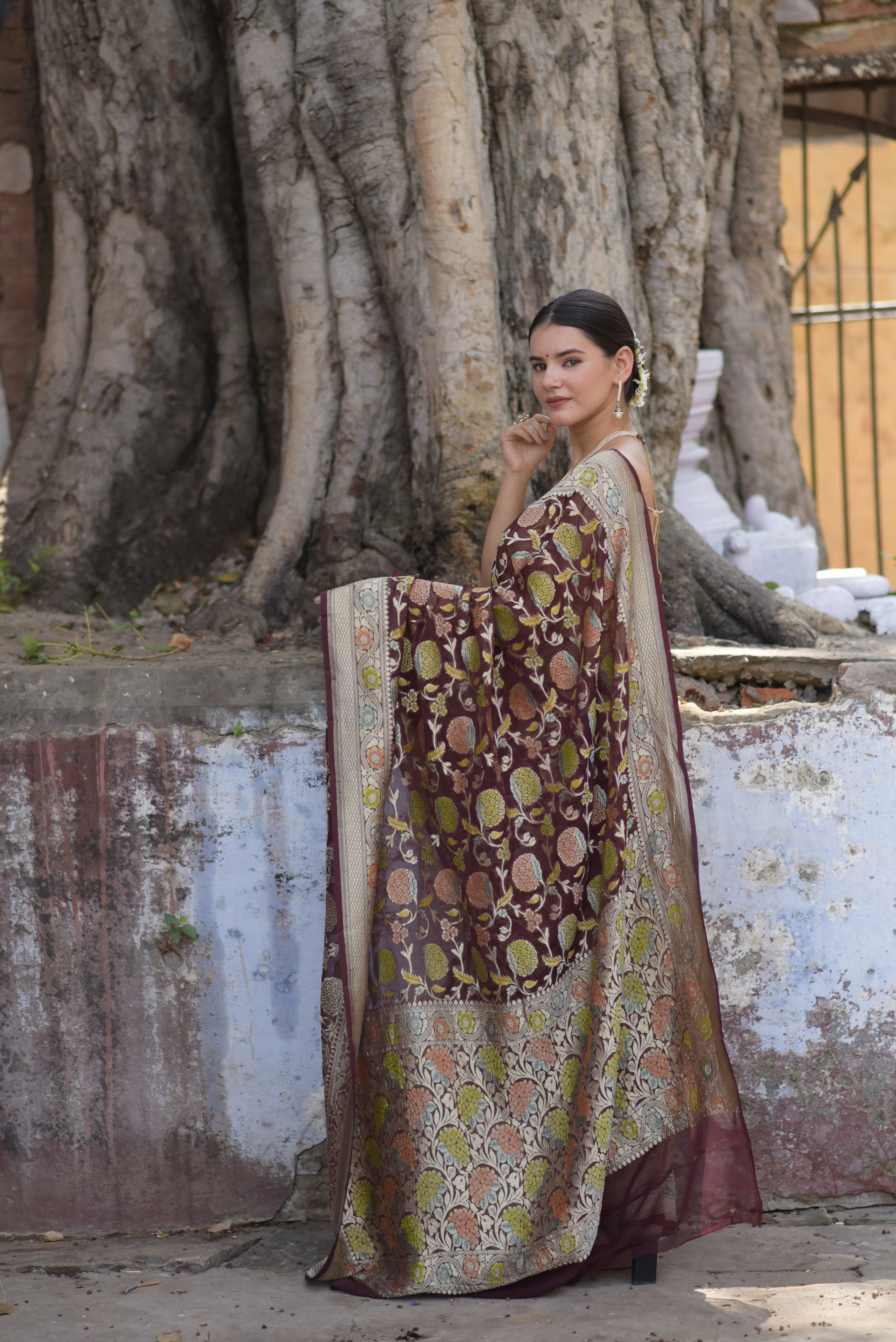 Brown Khaddi Chiffon Handwoven Banaras Saree