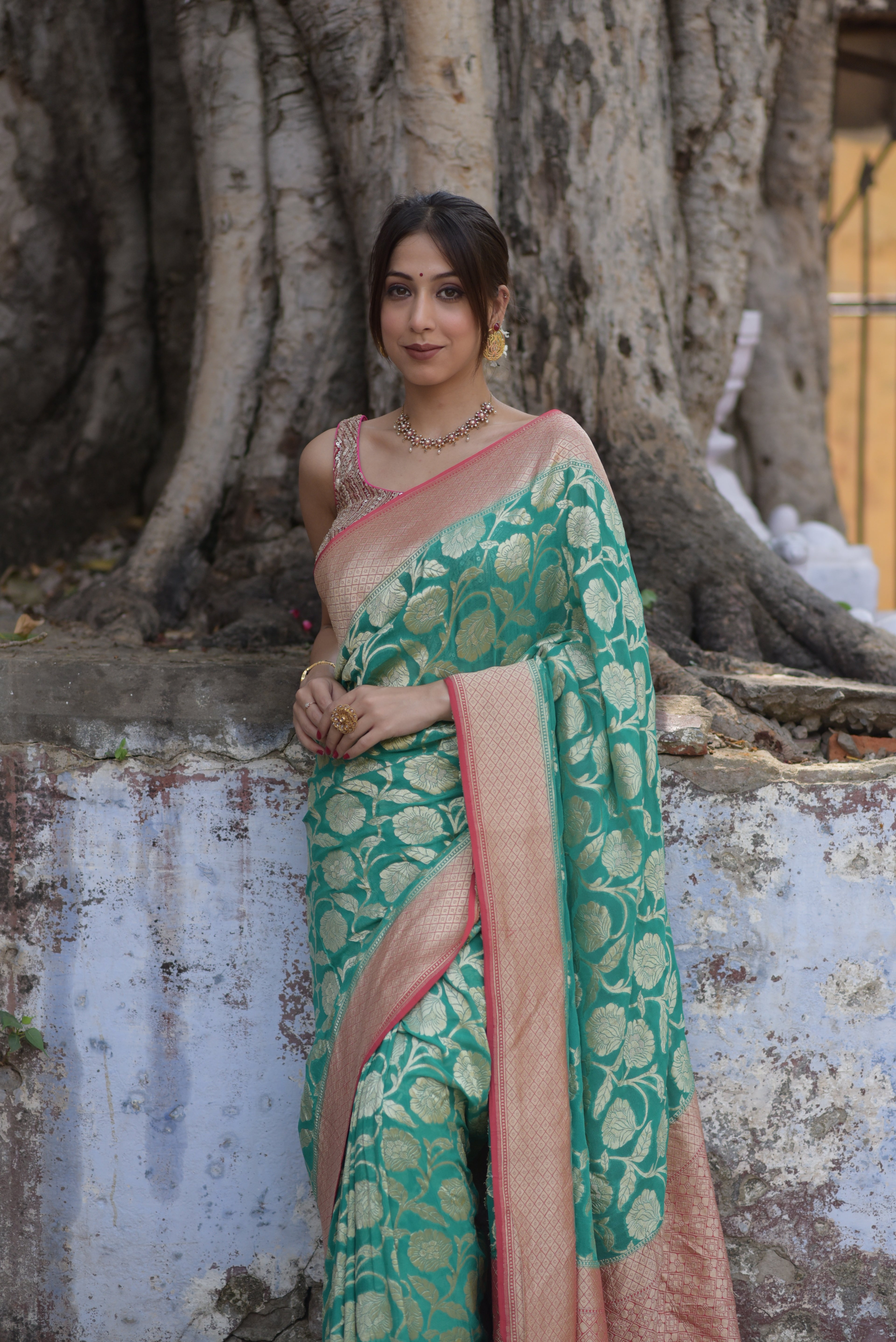 Teal Green Khaddi Chiffon Handwoven Banarasi Saree