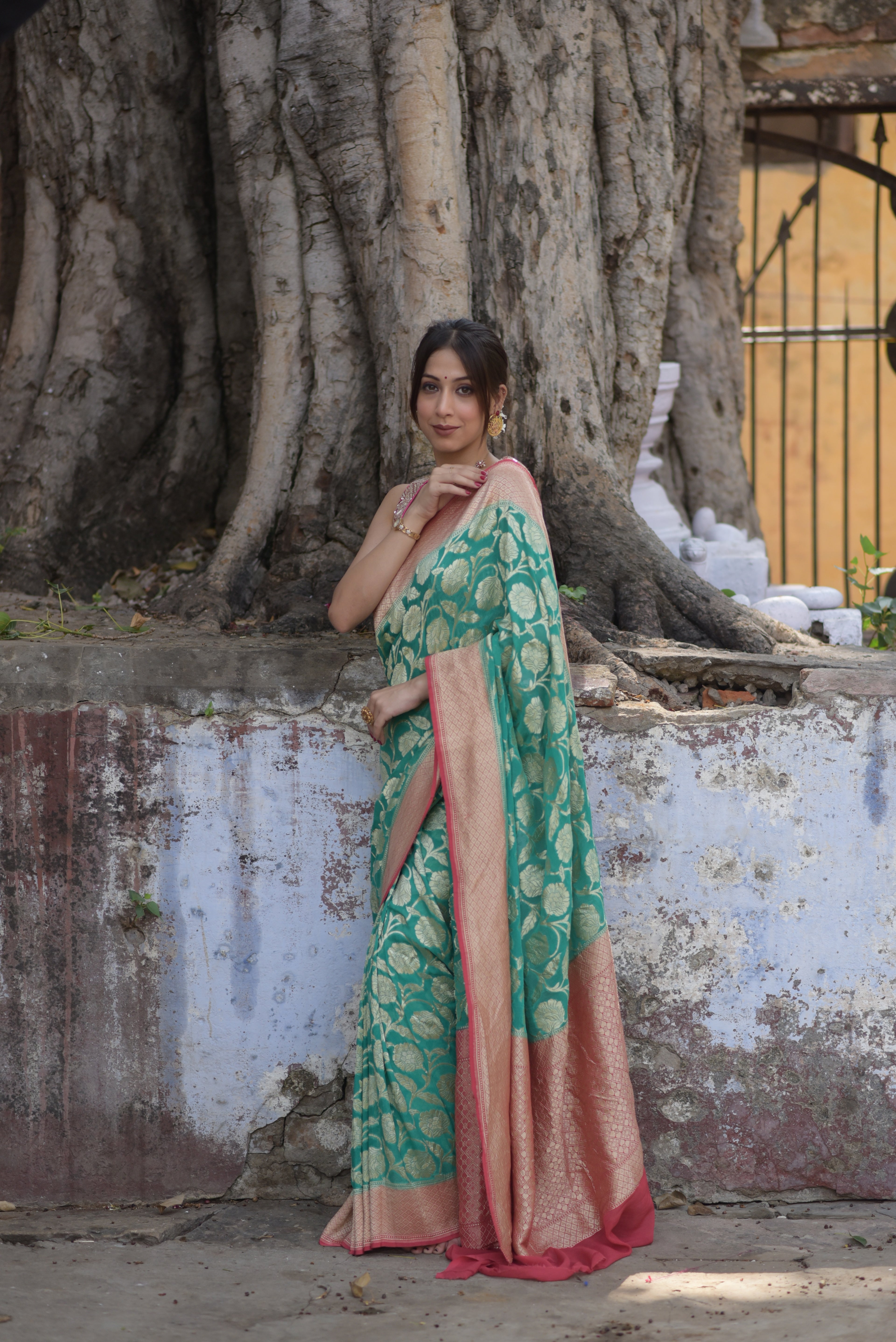 Teal Green Khaddi Chiffon Handwoven Banarasi Saree