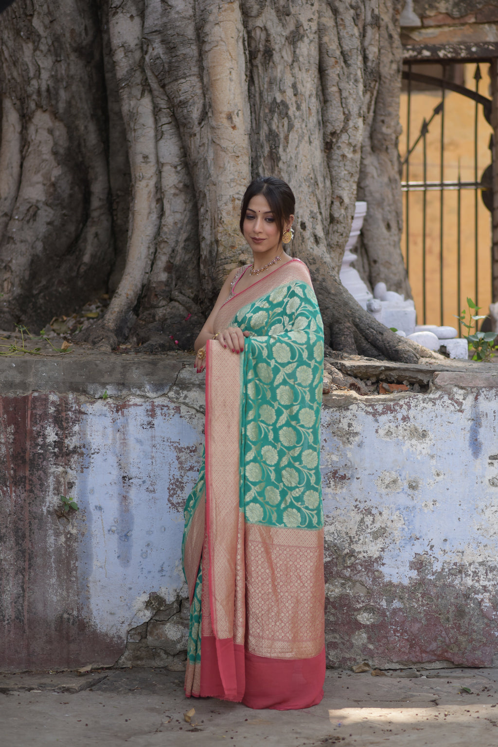 Teal Green Khaddi Chiffon Handwoven Banarasi Saree