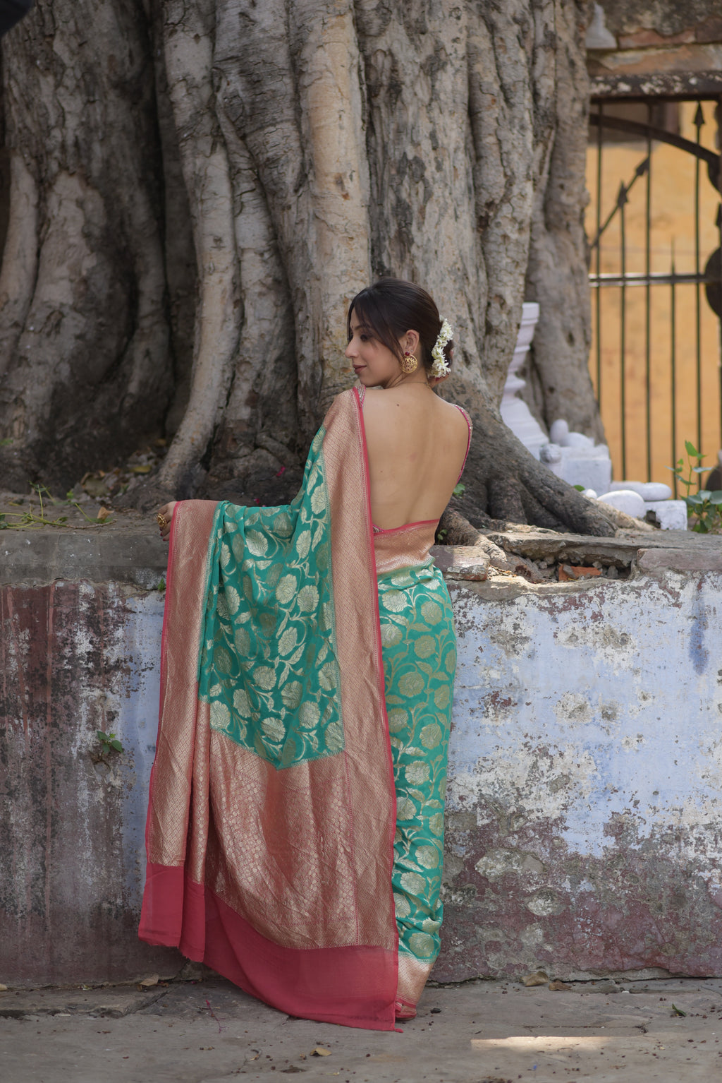 Teal Green Khaddi Chiffon Handwoven Banarasi Saree