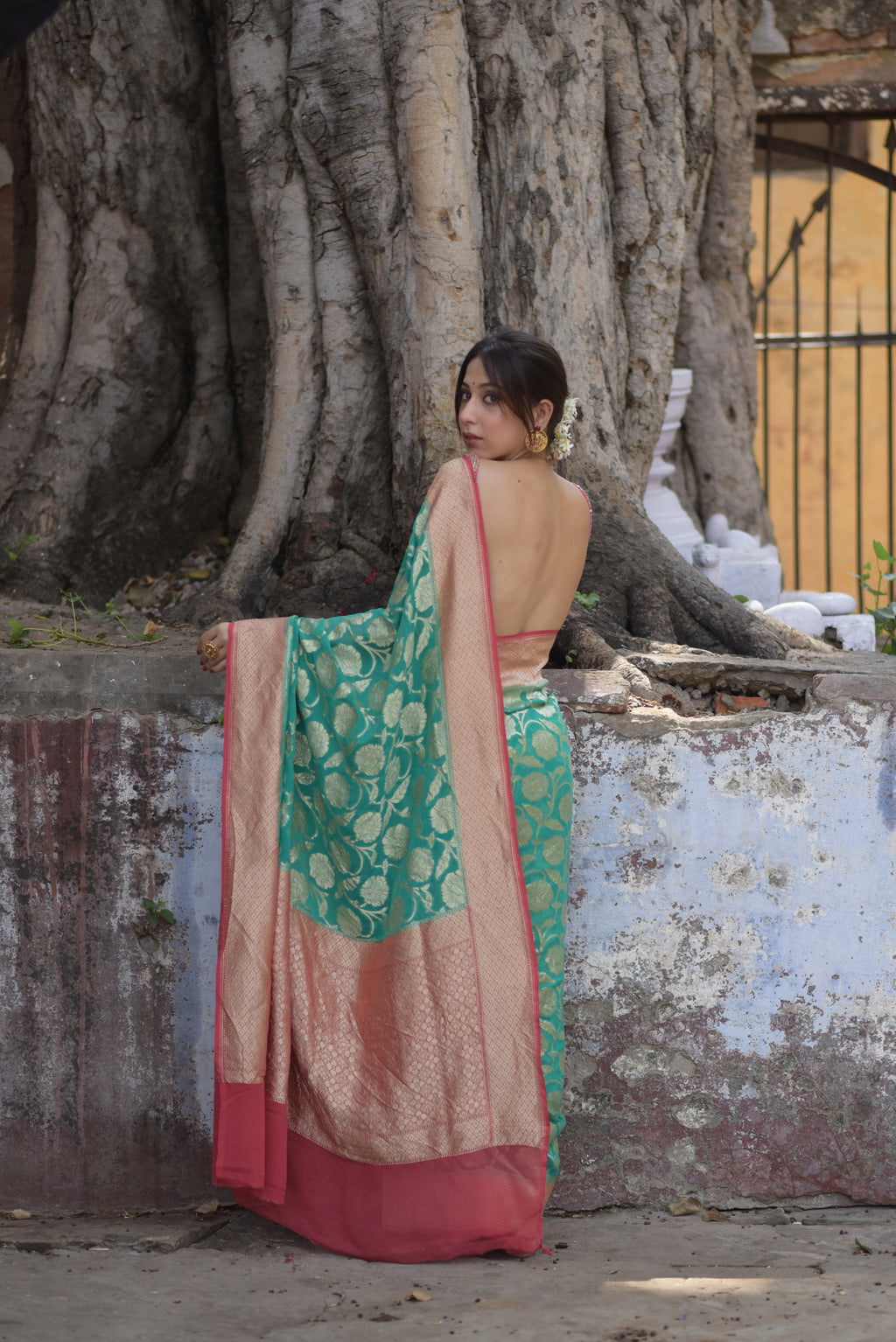 Teal Green Khaddi Chiffon Handwoven Banarasi Saree