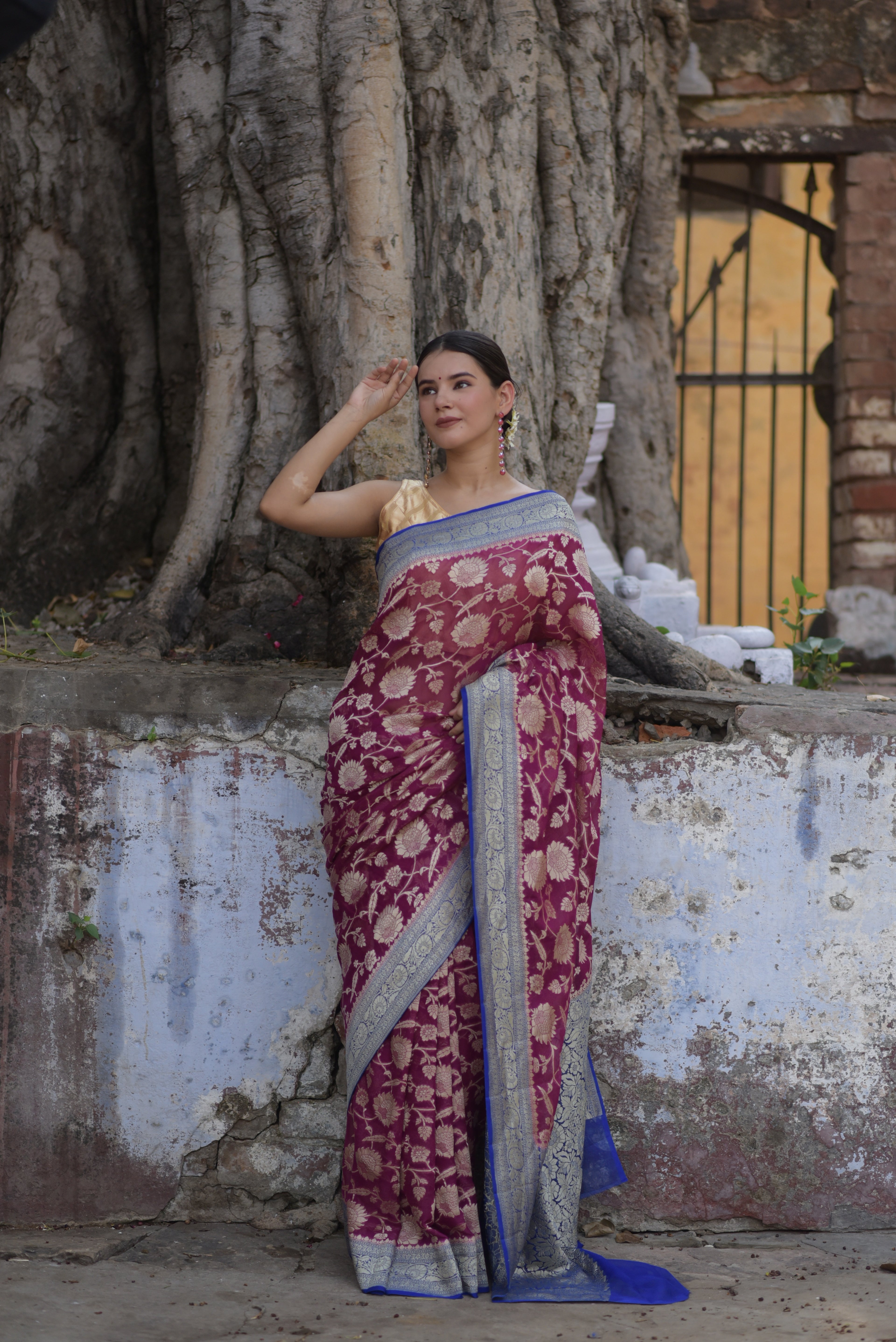 Plum Purple Khaddi Chiffon Handwoven Banarasi Saree