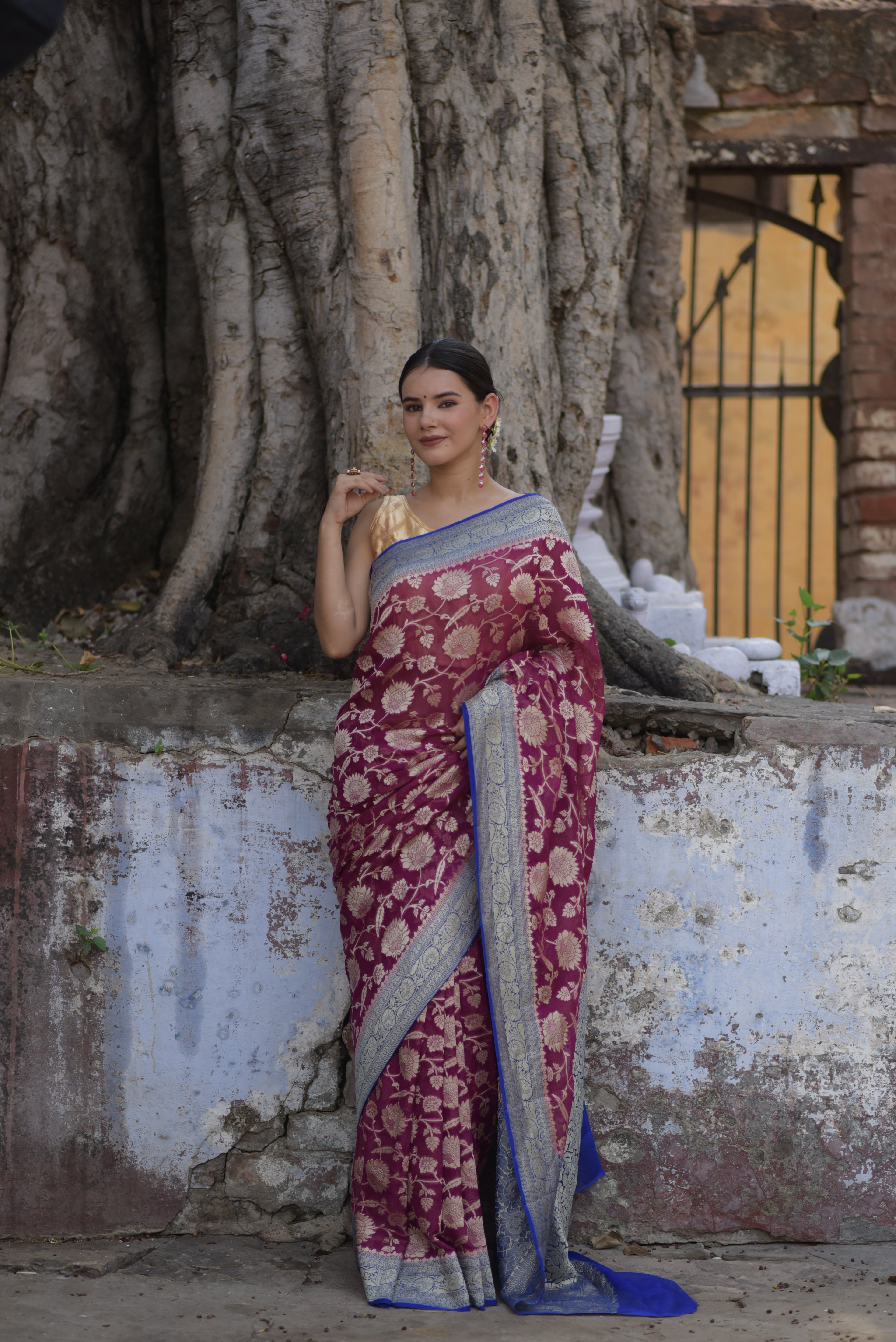 Plum Purple Khaddi Chiffon Handwoven Banarasi Saree