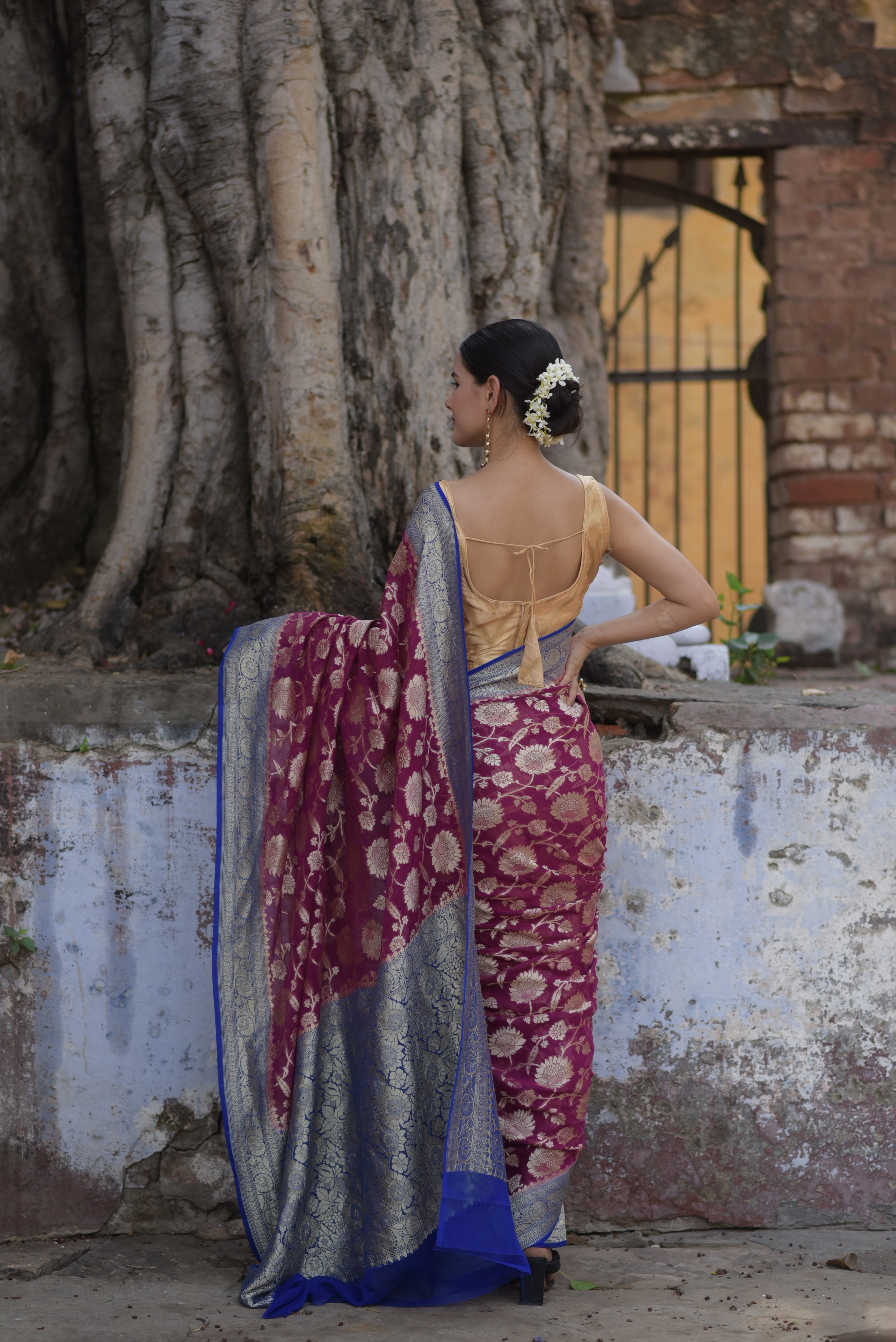 Plum Purple Khaddi Chiffon Handwoven Banarasi Saree