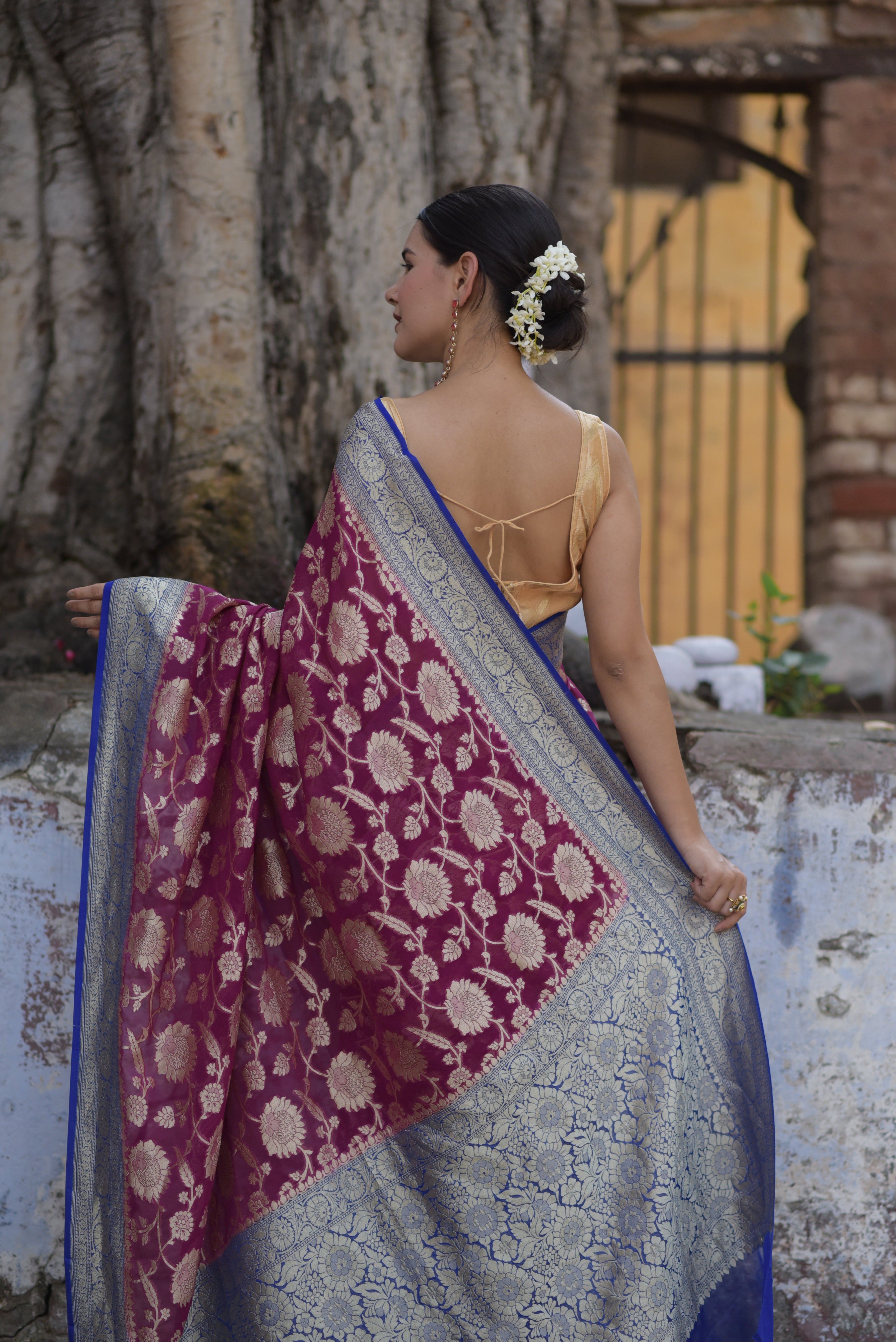 Plum Purple Khaddi Chiffon Handwoven Banarasi Saree