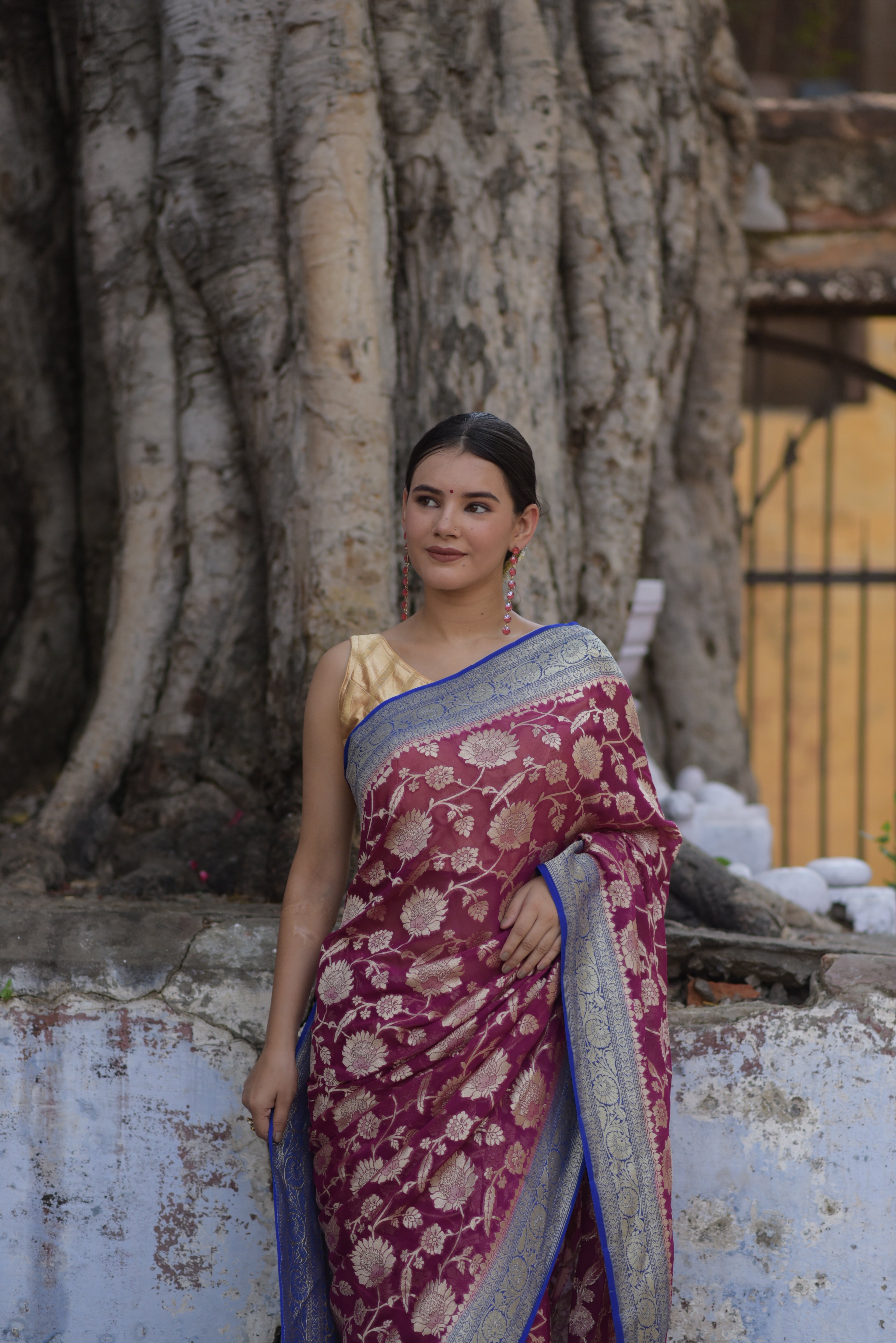 Plum Purple Khaddi Chiffon Handwoven Banarasi Saree