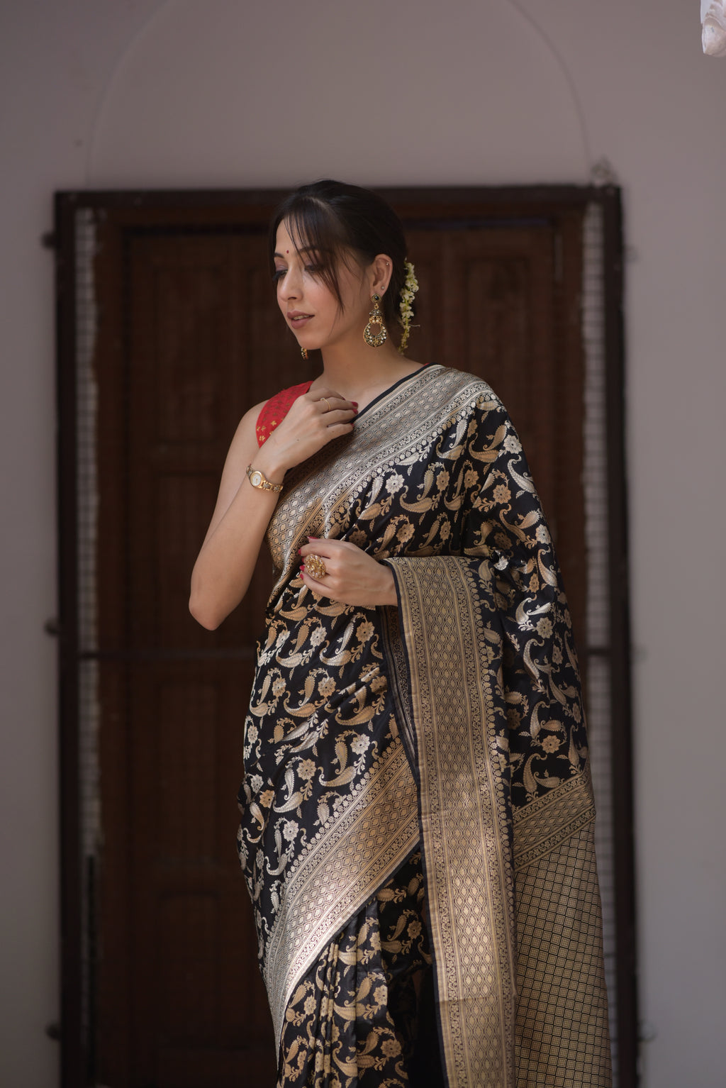 Black Jaal Pure Handwoven Banarasi Katan Silk Saree