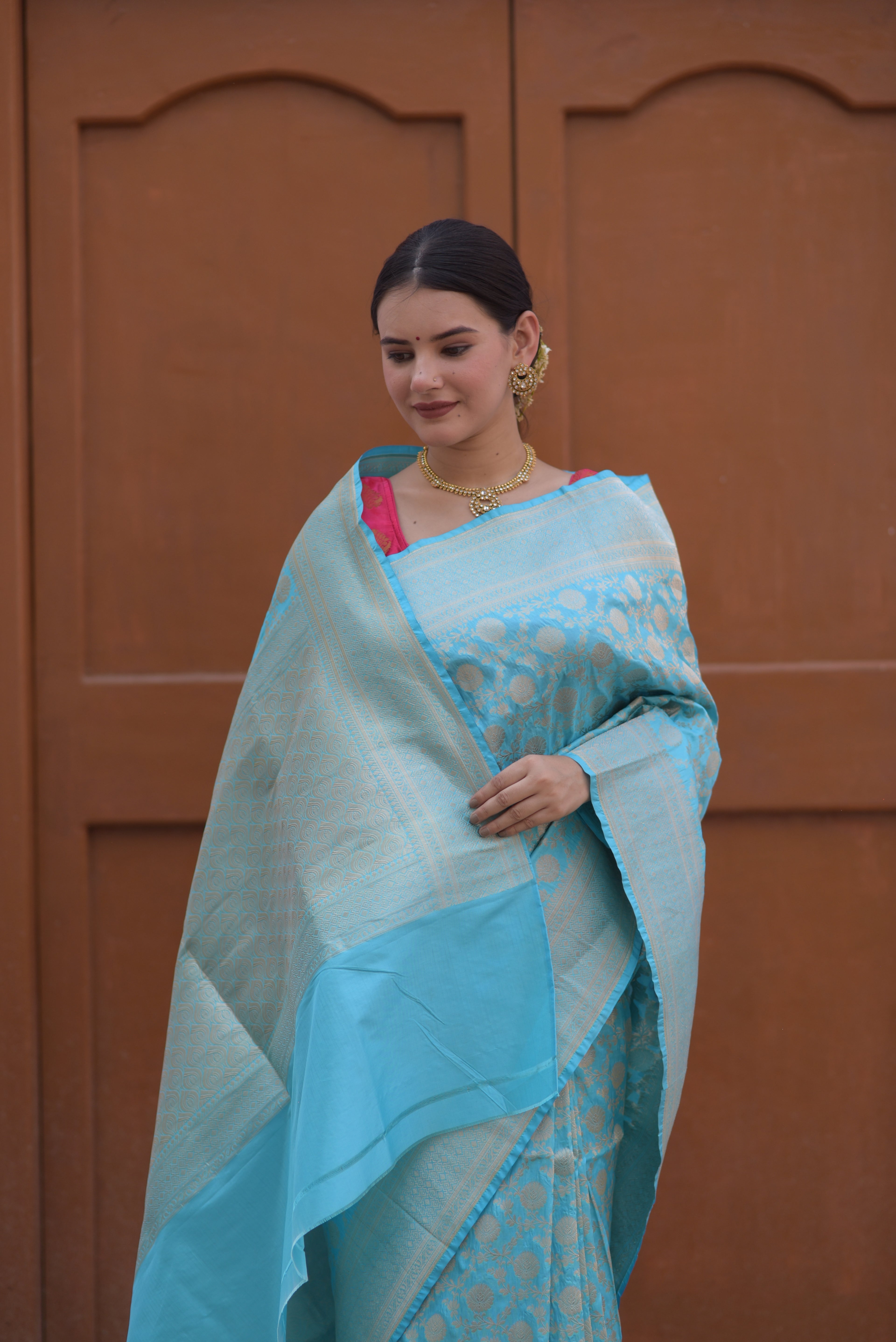 Soft Cyan Pure Handwoven Banarasi Katan Silk Saree