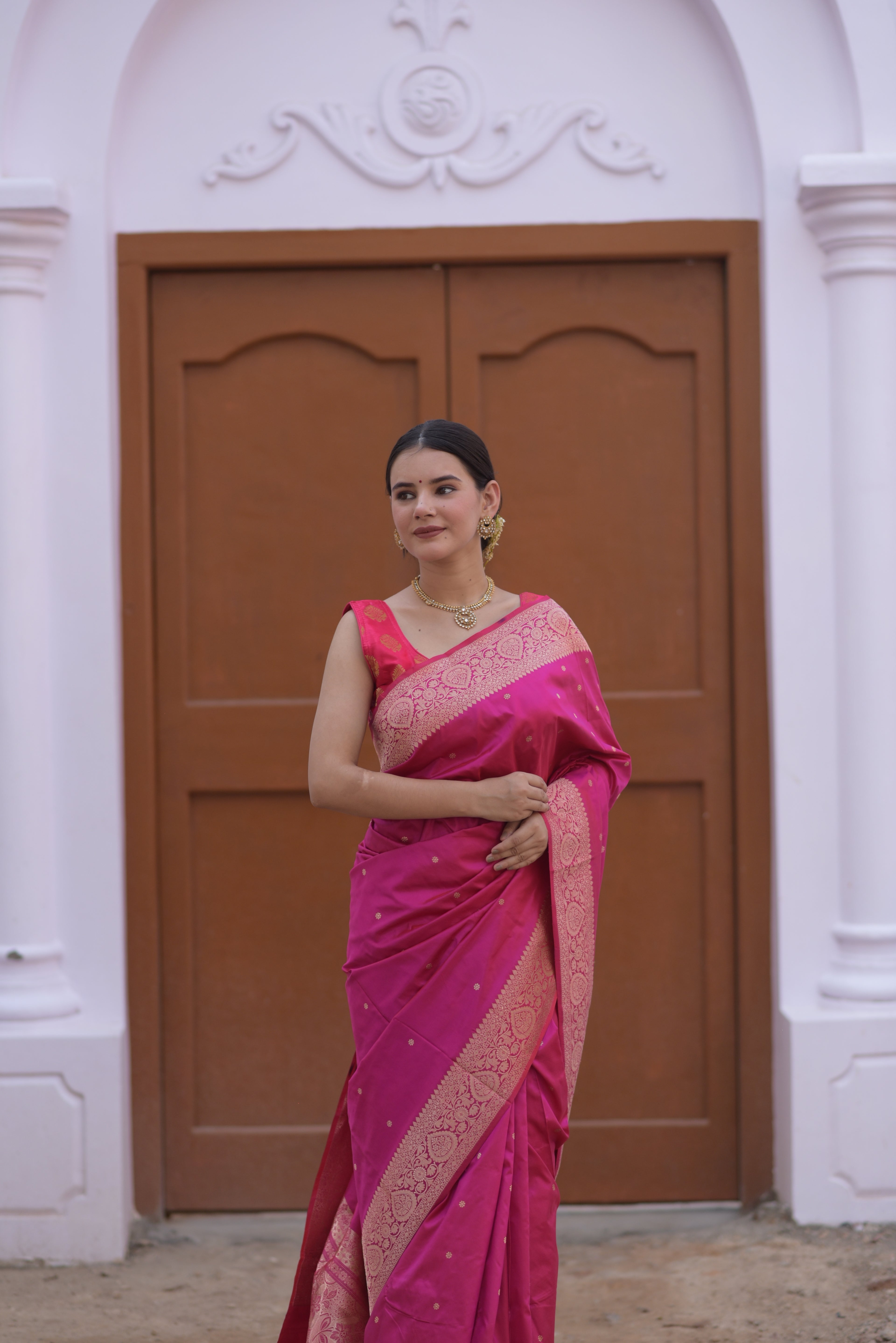 Ruby pink Pure Handwoven Banarasi Katan Silk Saree