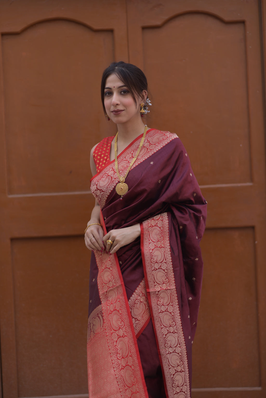 Walnut brown Pure Handwoven Banarasi Katan Silk Saree