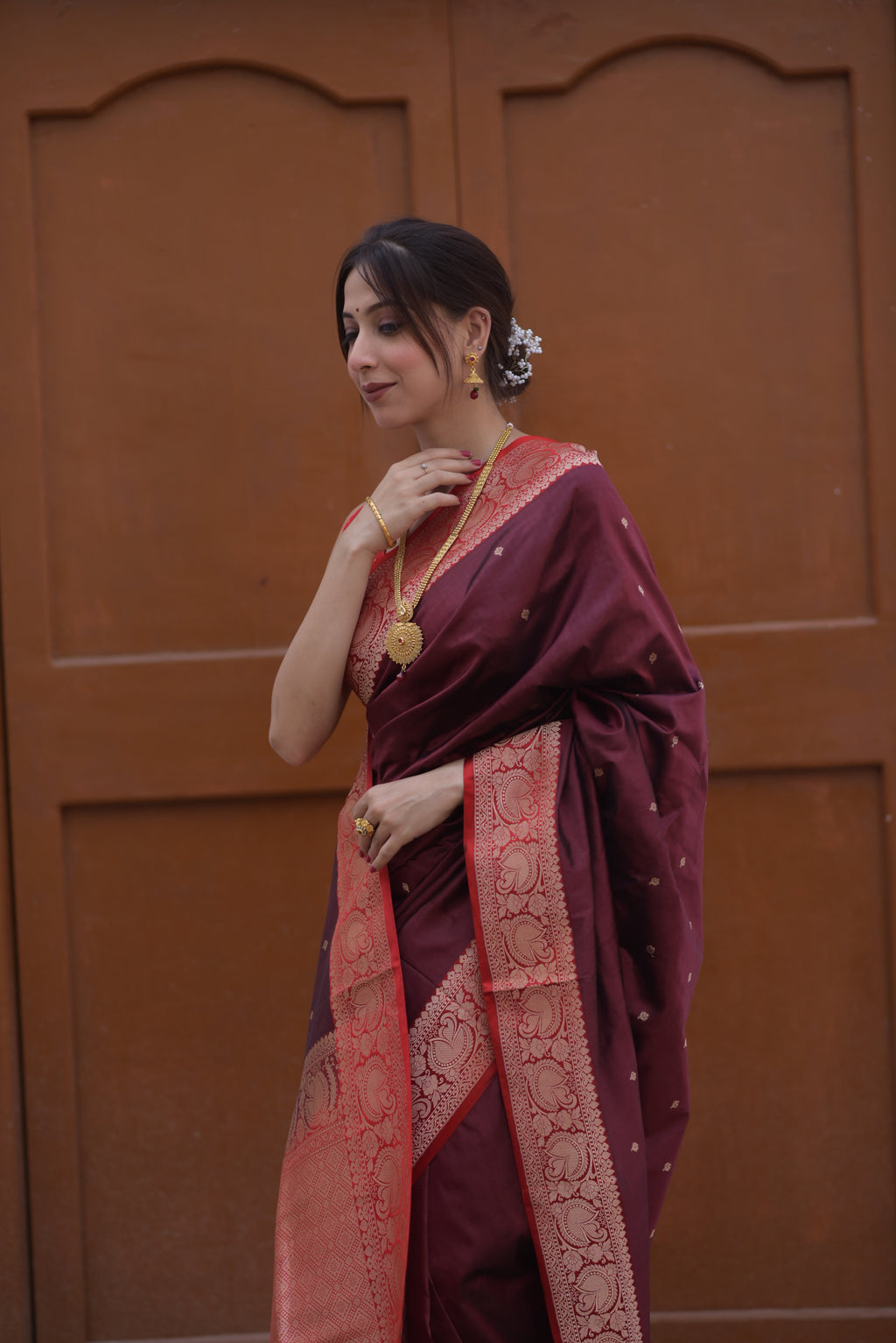 Walnut brown Pure Handwoven Banarasi Katan Silk Saree