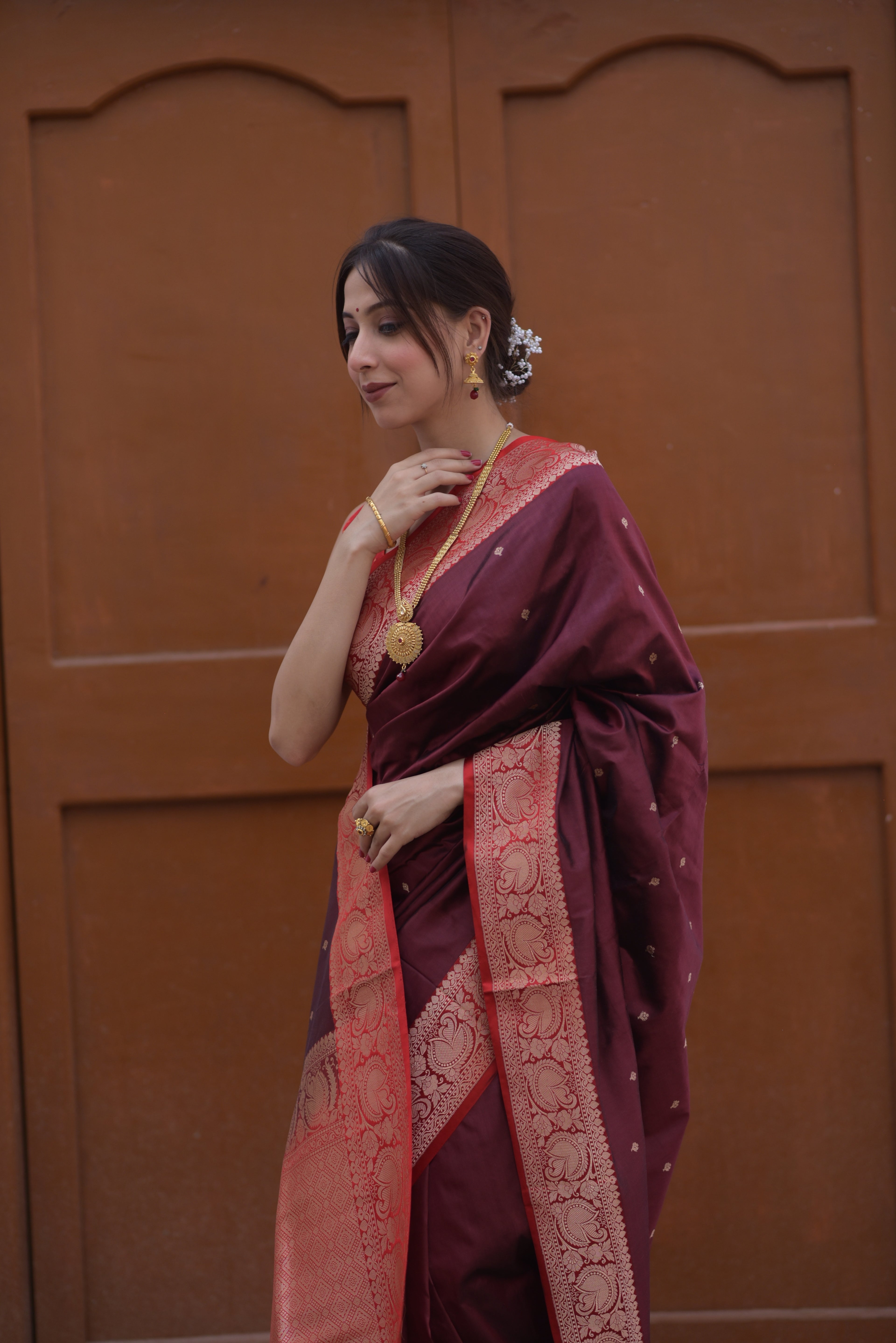 Walnut brown Pure Handwoven Banarasi Katan Silk Saree