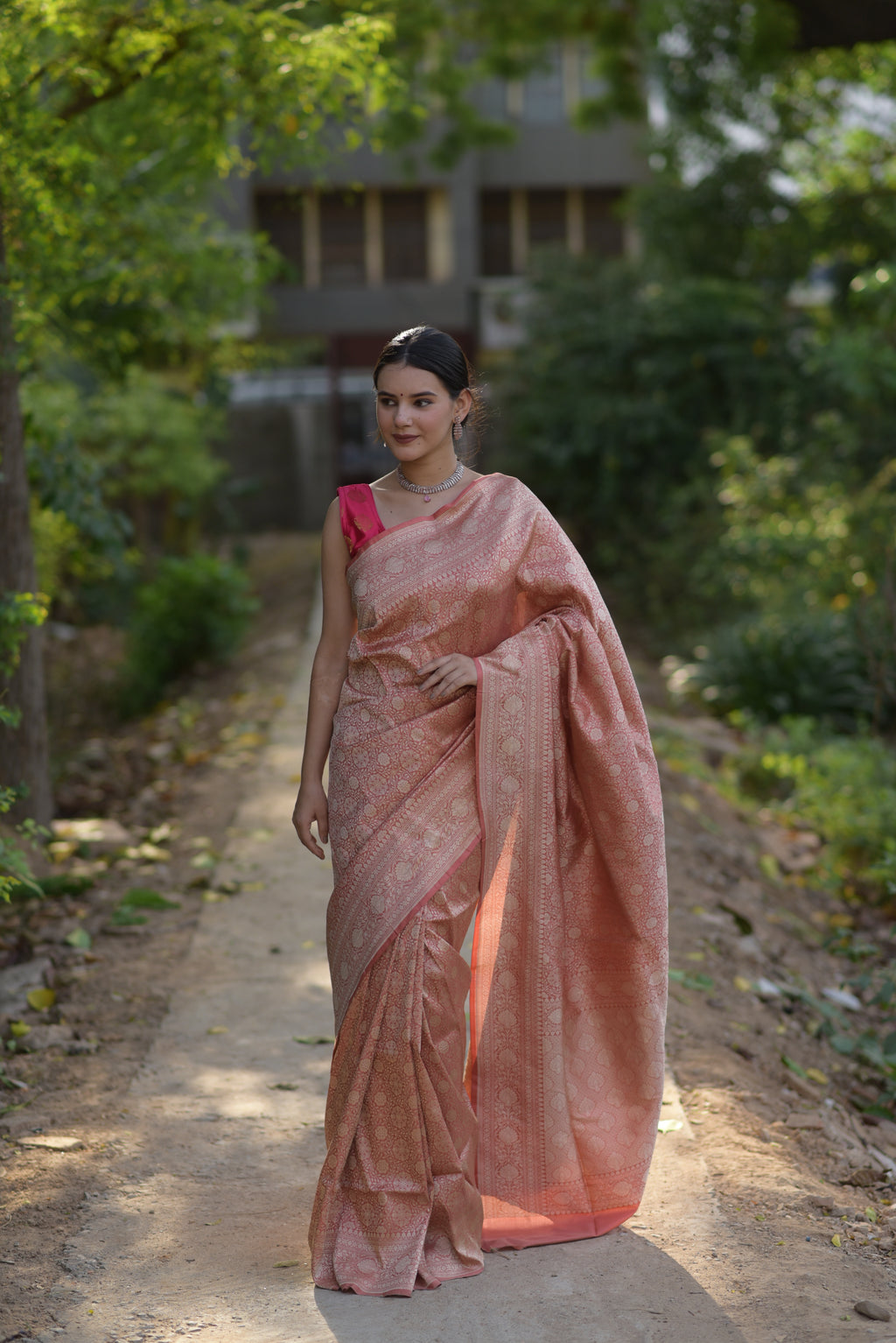 Salmon Pink Jaal Pure Handwoven Banarasi Katan Silk Saree